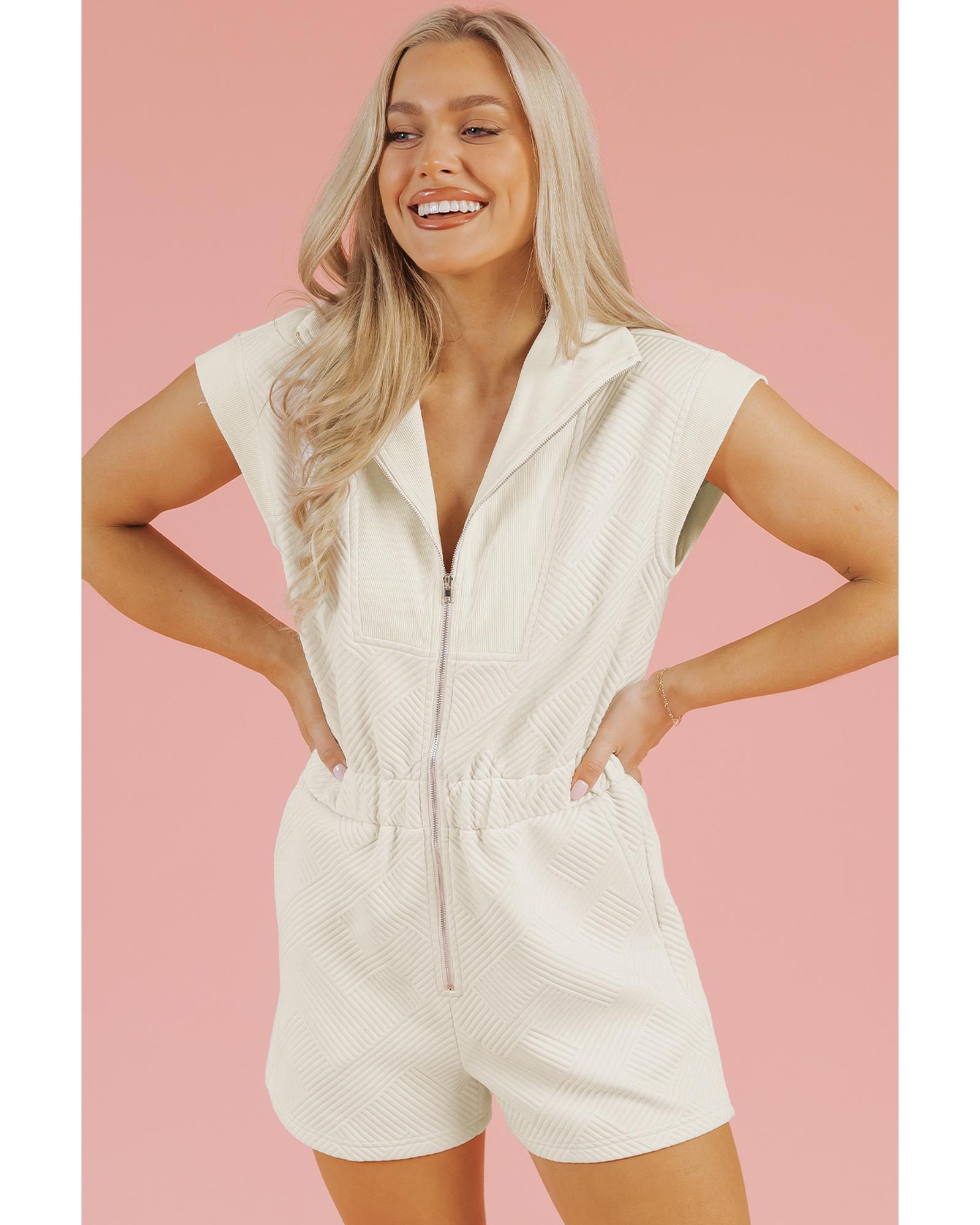V539-AZEXDC6413853-P2015-XL-202508301050-00 Jet Stream Textured Zipped Front V Neck Collared Casual Romper - XL - Image 1