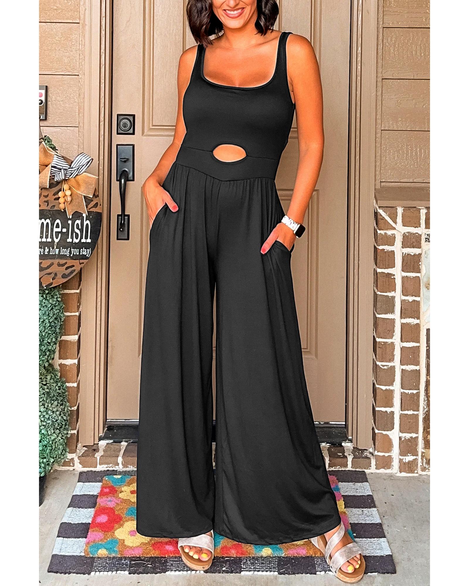 V539-AZEXDC6414104-P2-S-202506150422-00 Black Peekaboo Wide Leg Square Neck Sleeveless Jumpsuit - S - Image 1