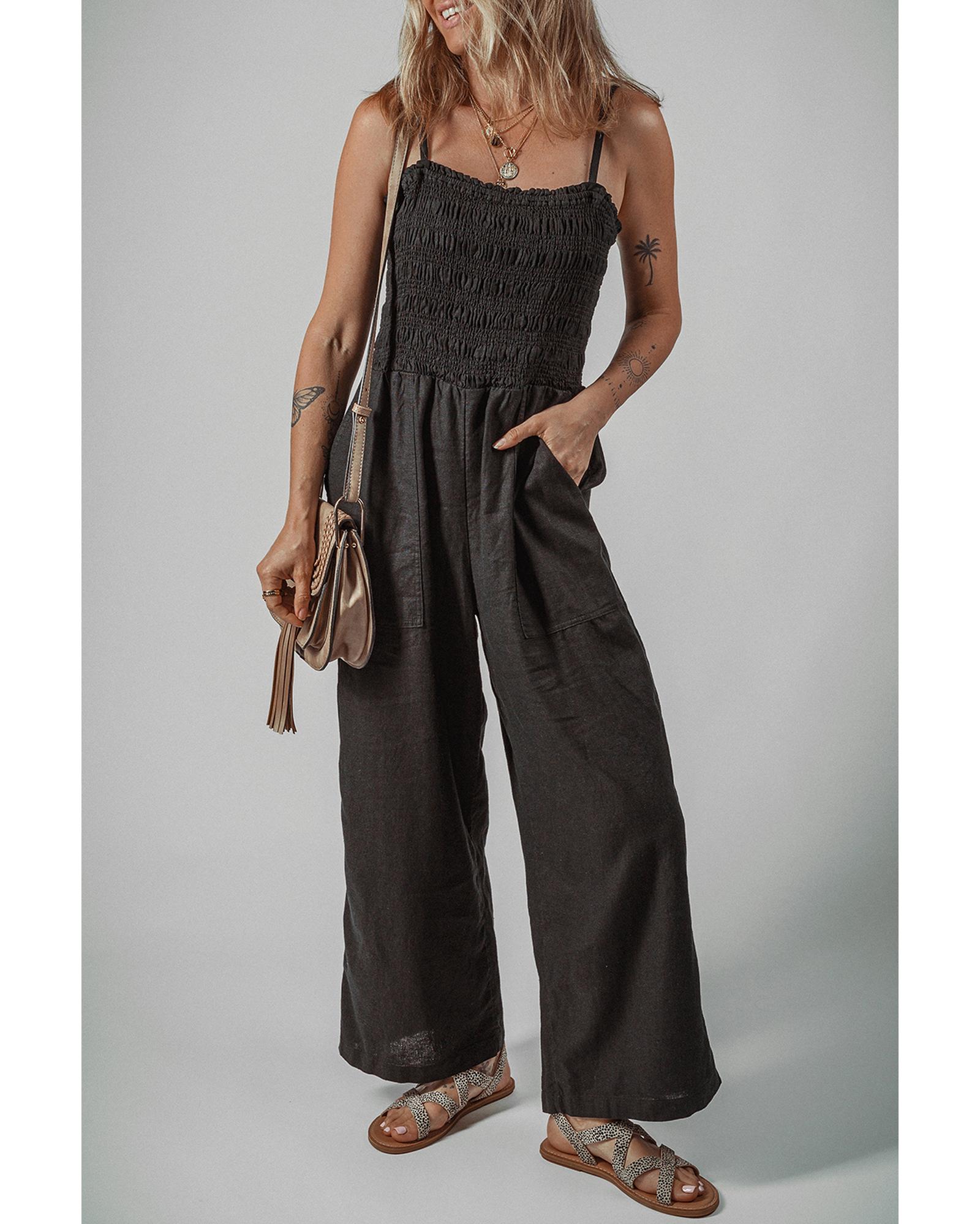V539-AZEXDC6414140-P2-S-202506150442-00 Black Spaghetti Straps Shirred Bodice Pocketed Wide Leg Jumpsuit - S - Image 1