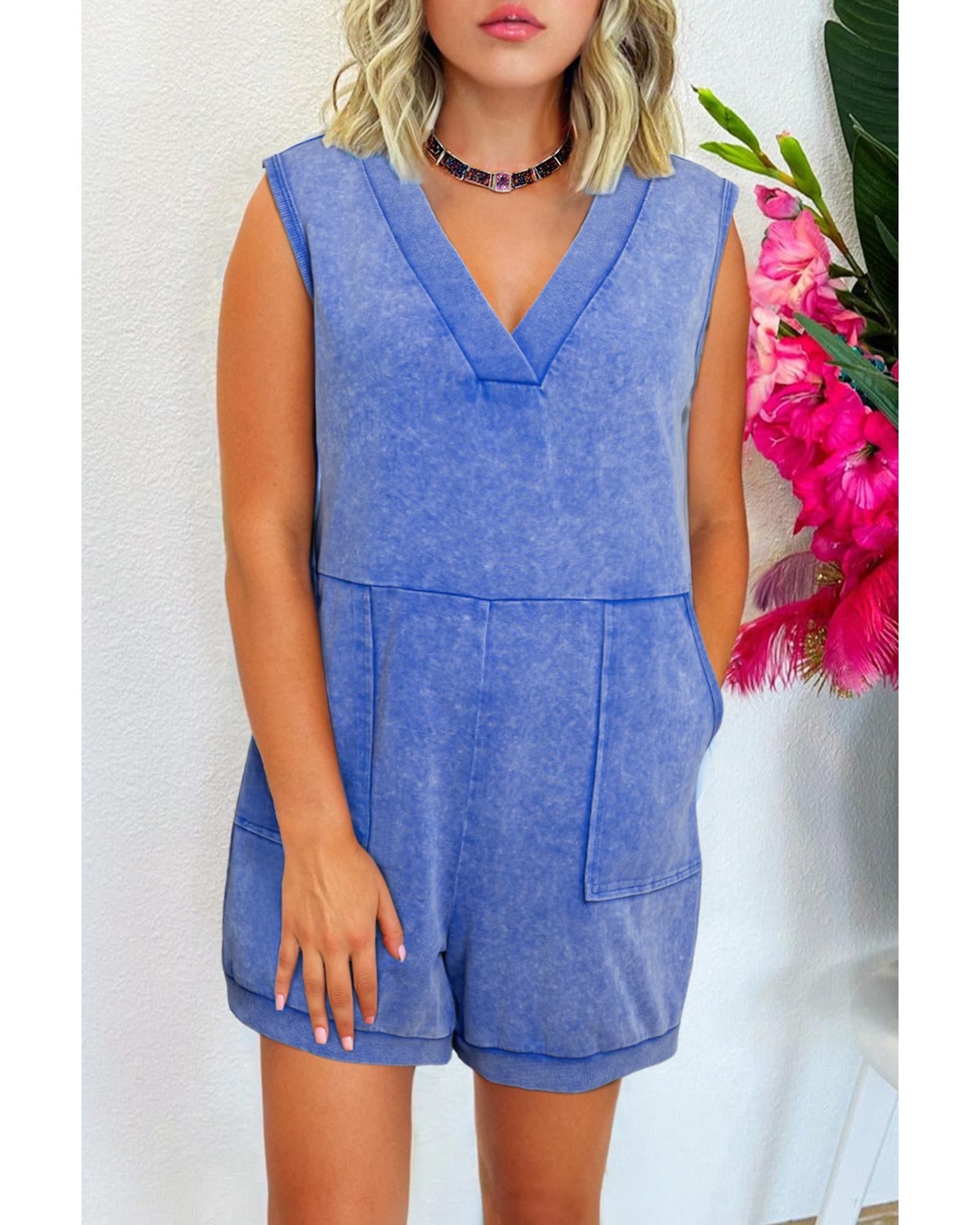 V539-AZEXDC6414212-P304-XL-202508291610-00 Sky Blue Mineral Wash Pocketed Sleeveless V Neck Loose Romper - XL - Image 1