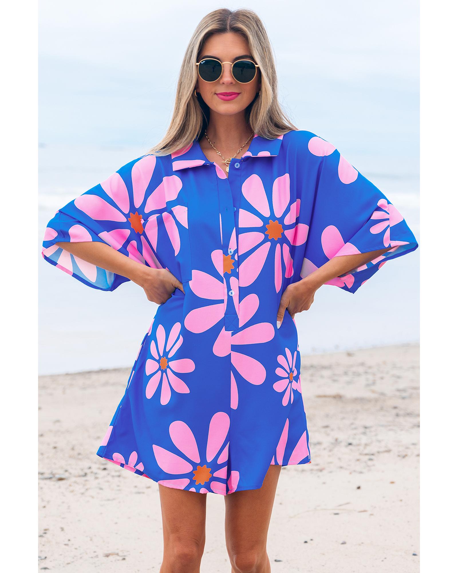 V539-AZEXDC6414282-P520-S-202506150501-00 Blue Summer Flower Print Shirt Collar Button Front Loose Romper - S - Image 1