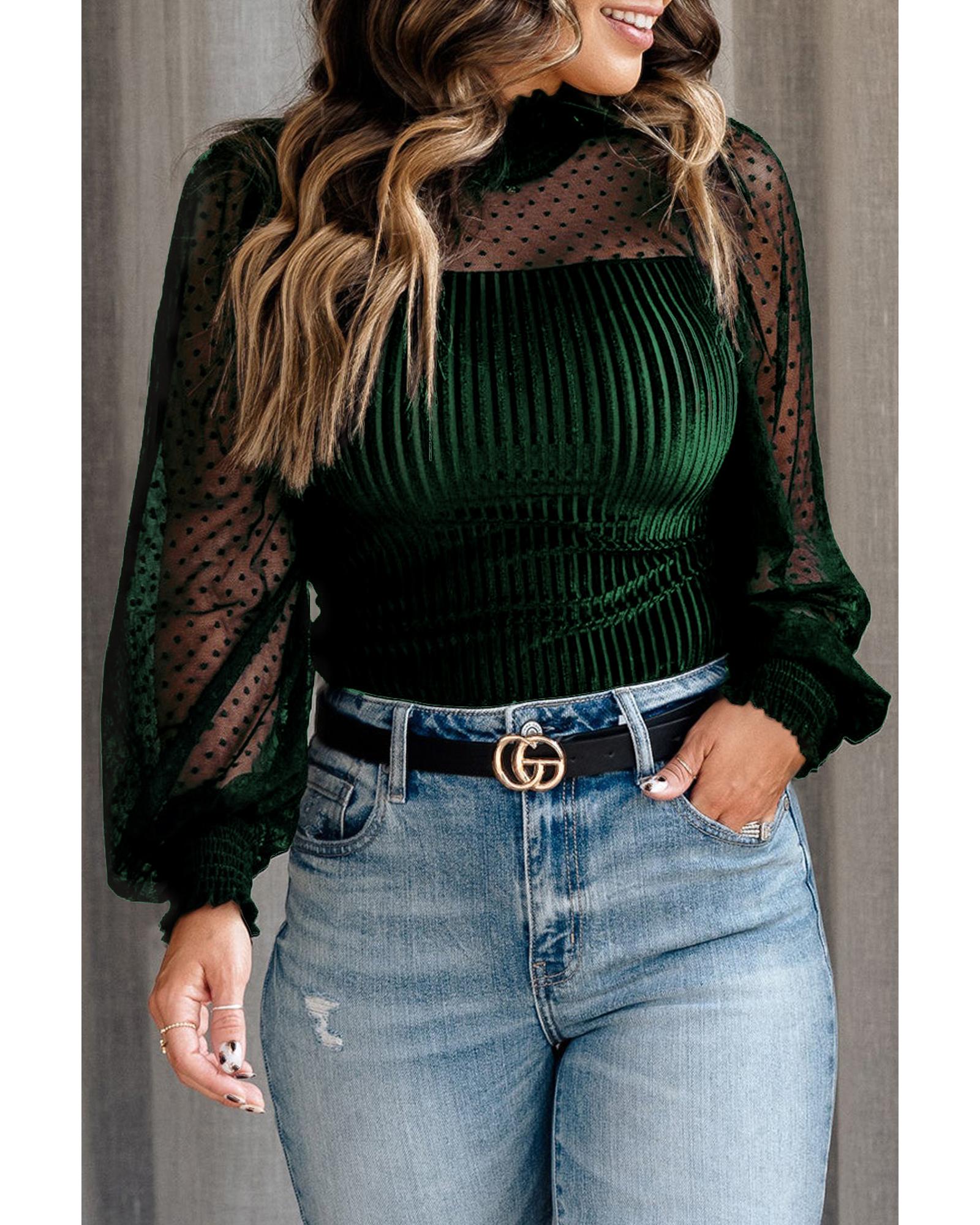 V539-AZEXDC6421176-9-S-202506150512-00 Azura Exchange Green Sheer Dotty Long Sleeve Ribbed Velvet Bodysuit - S - Image 1