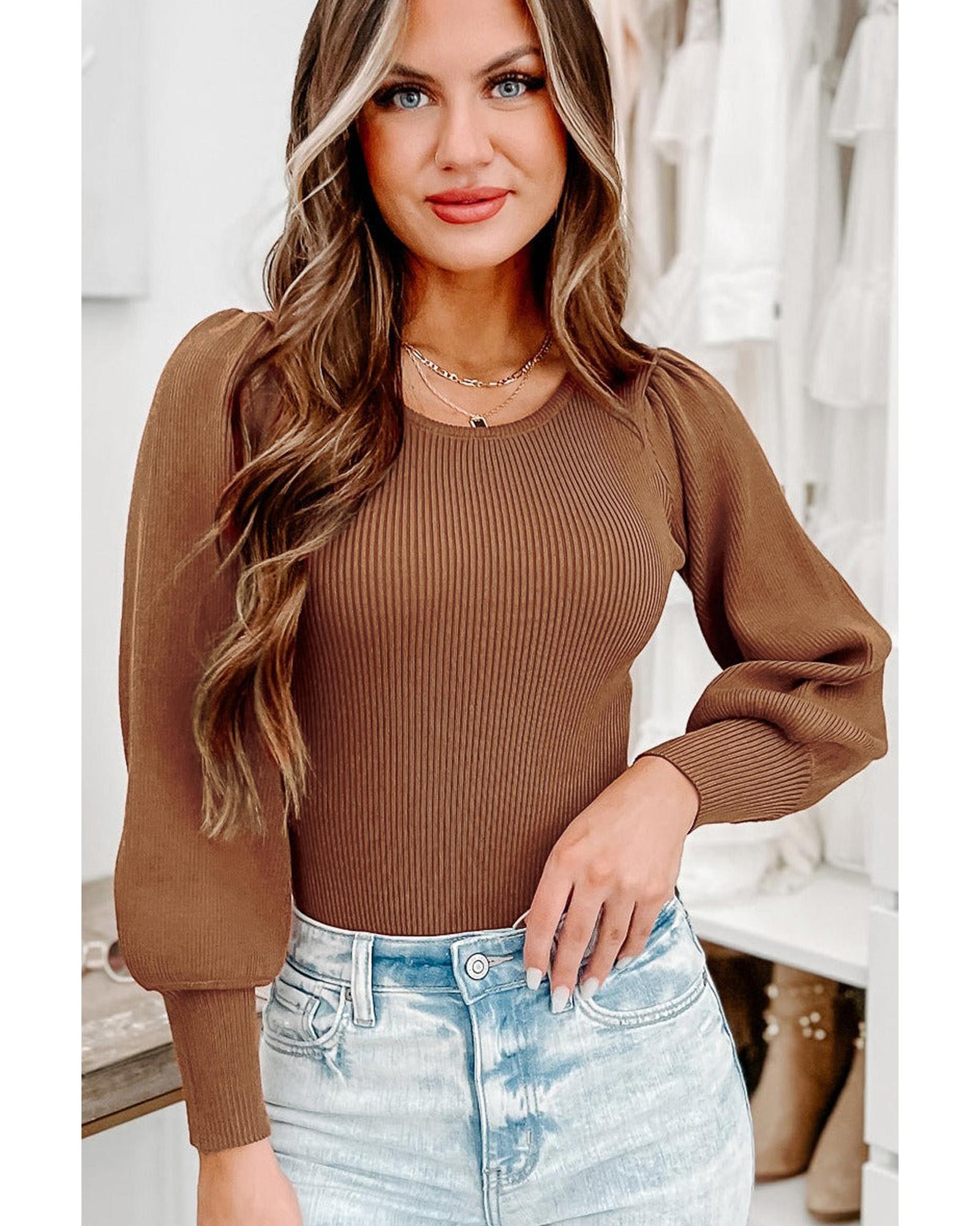 V539-AZEXDC6421538-17-XL-202506150521-00 Brown Ribbed Balloon Sleeve Bodysuit - XL - Image 1