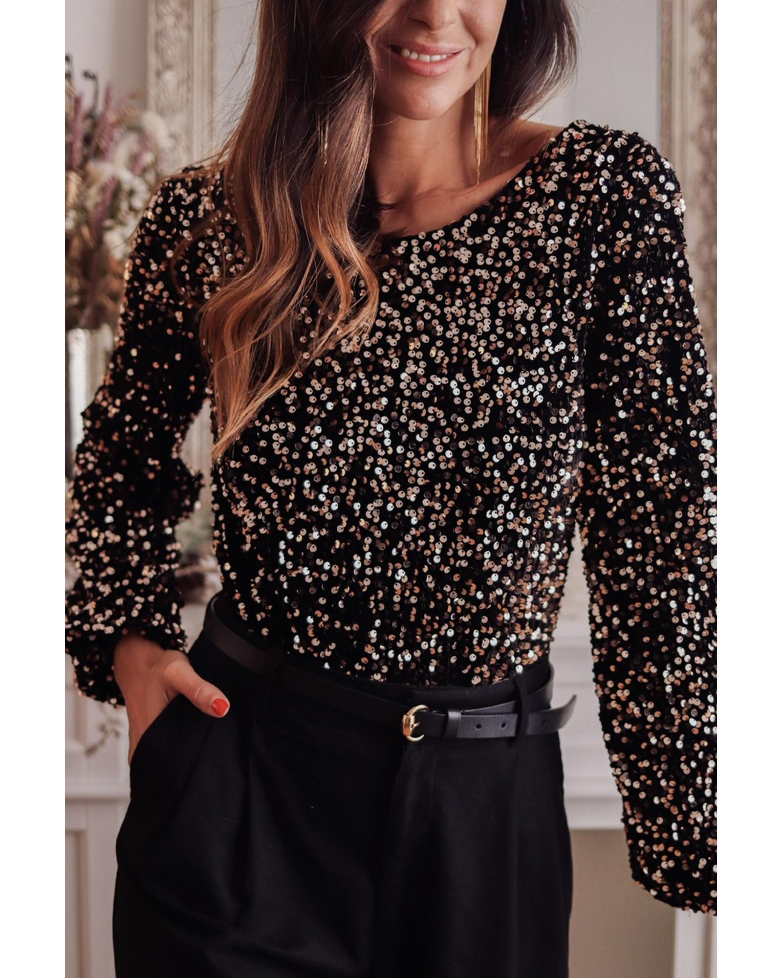 V539-AZEXDC6421801-P2-L-202508302210-00 Black Deep V Back Sequin Puff Sleeve Bodysuit - L - Image 1