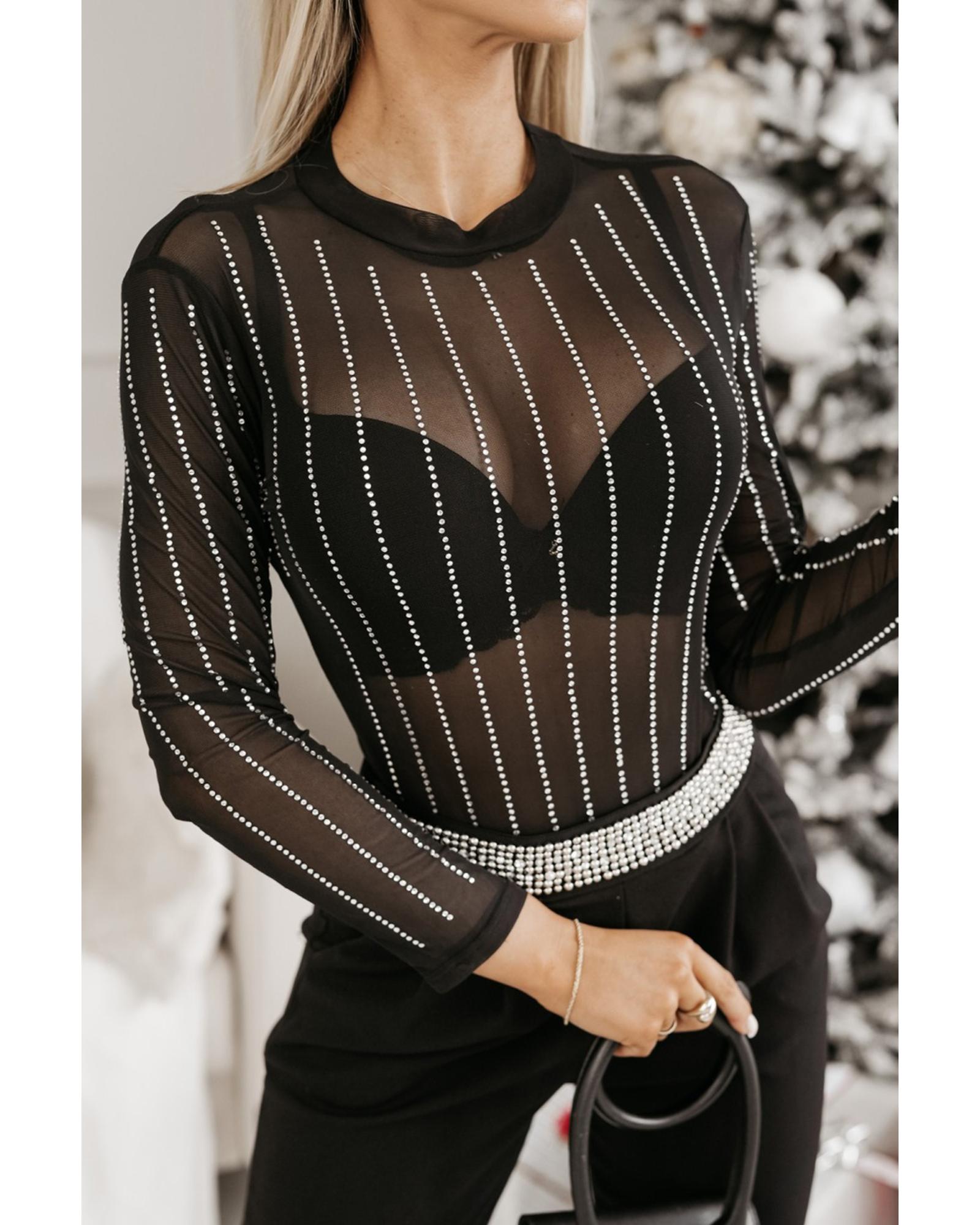 V539-AZEXDC6421806-P2-XL-202508301215-00 Black Rhinestone Decor Striped Mesh Long Sleeve Bodysuit - XL - Image 1