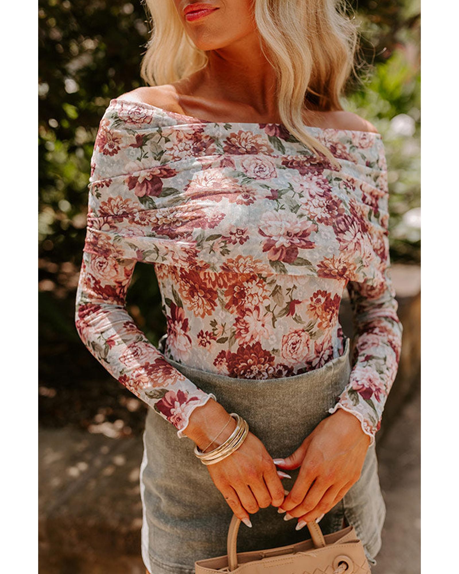 V539-AZEXDC6421862-P1020-M-202508301505-00 Pink Floral Printed Long Sleeve Sheath Bodysuit - M - Image 1