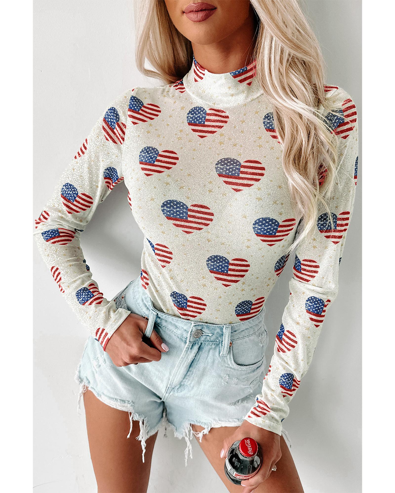 V539-AZEXDC6421961-P120-M-202508301120-00 White Americana Glitter Mesh Long Sleeve Bodysuit - M - Image 1
