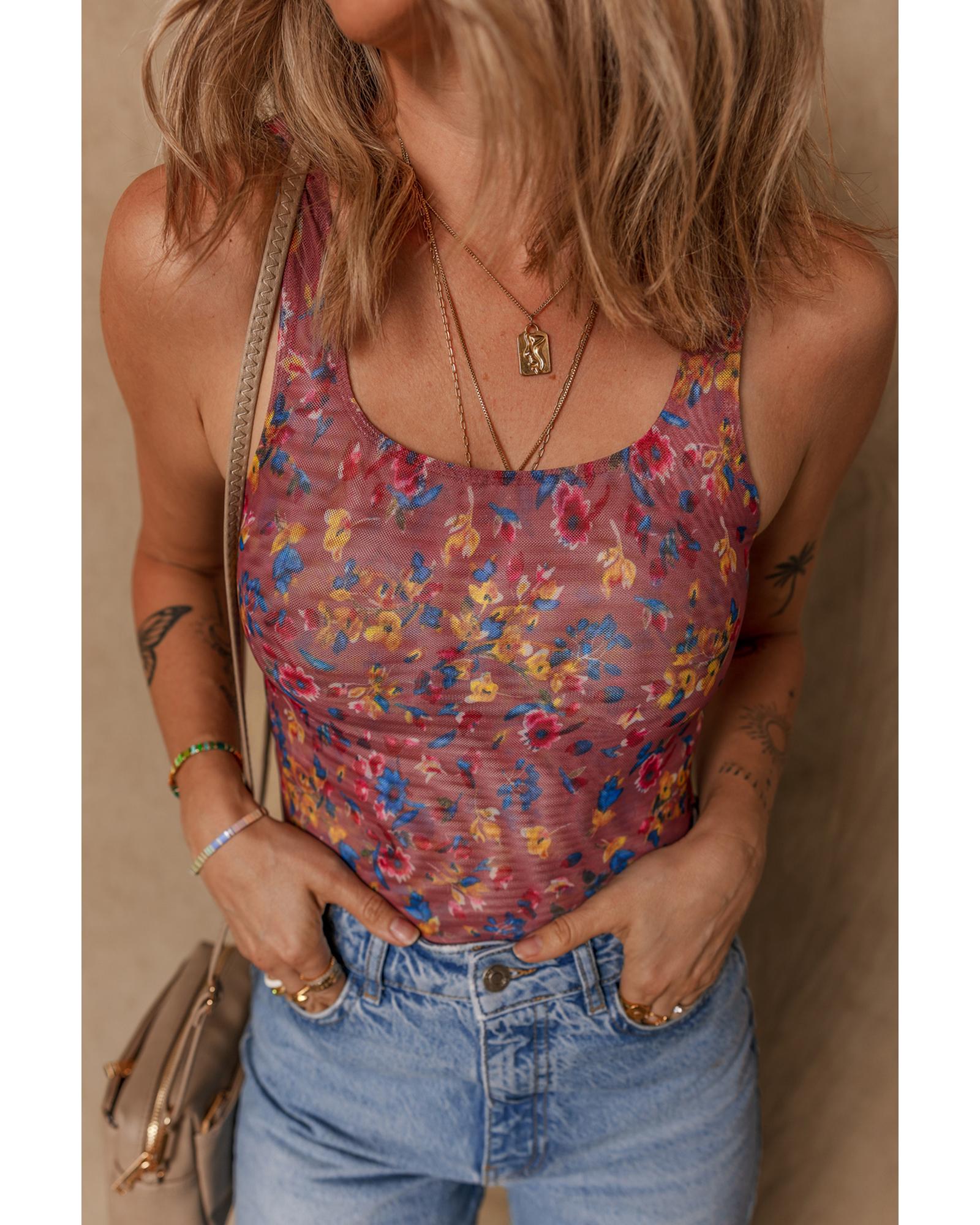 V539-AZEXDC6421977-P820-XL-202508301935-00 Purple Floral Printed Mesh U Neck Sleeveless Bodysuit - XL - Image 1