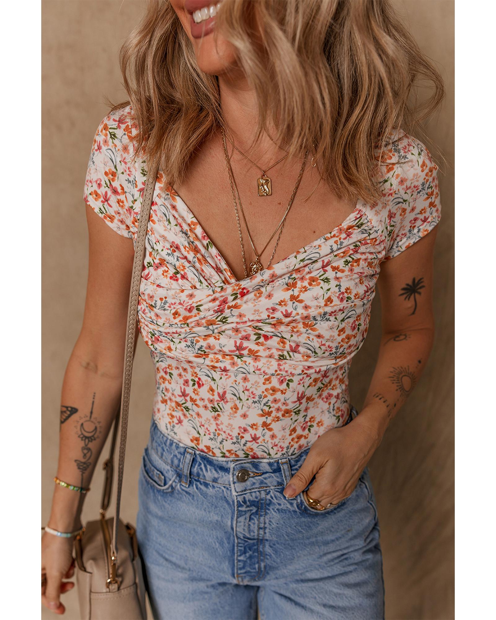 V539-AZEXDC6421978-P1420-M-202506150336-00 Orange Short Sleeve Floral Ruched Sweetheart Bodysuit - M - Image 1