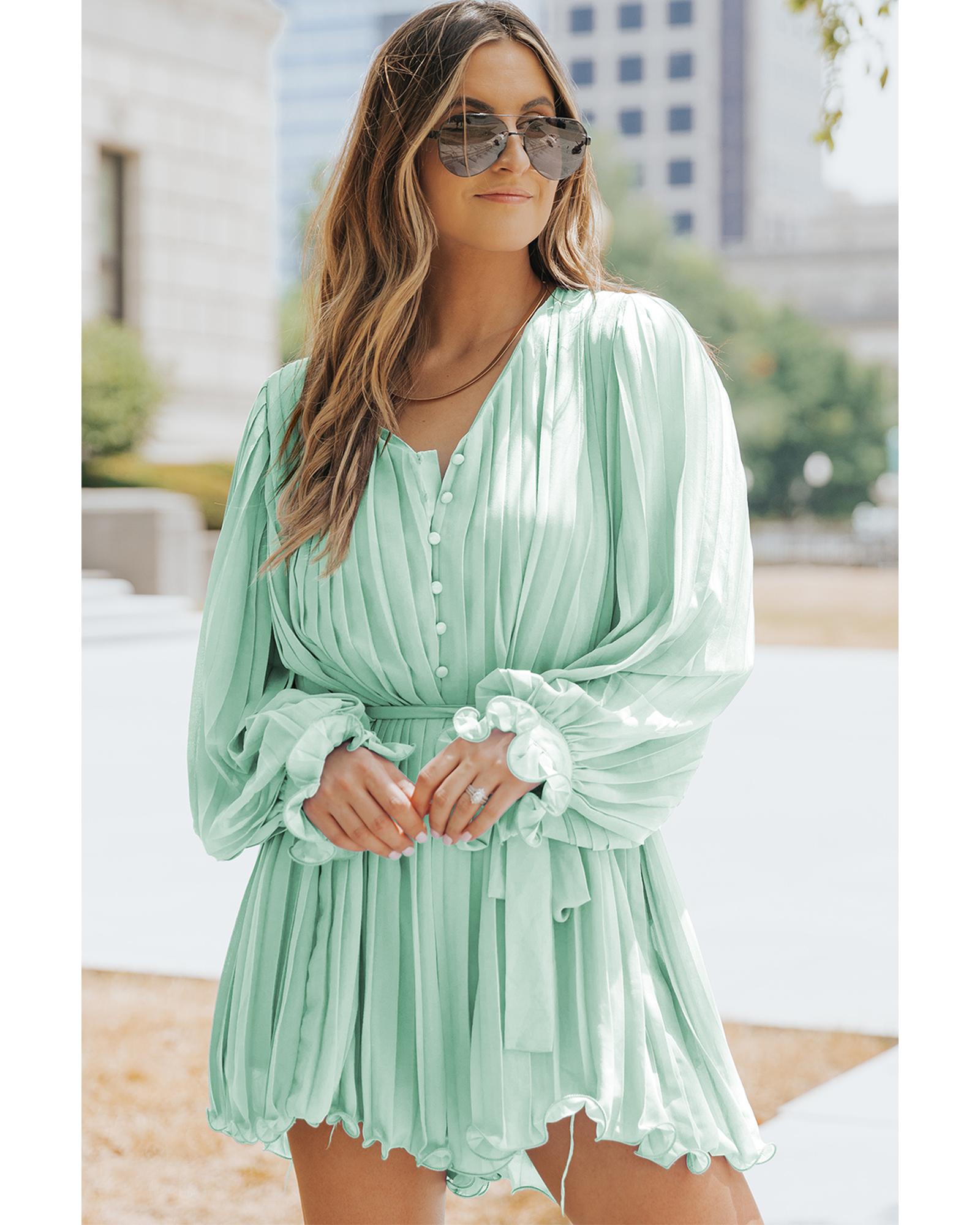 V539-AZEXDC643761-9-XL-202508301605-00 Green Pleated Ruffled Tie Waist Buttons V Neck Romper - XL - Image 1