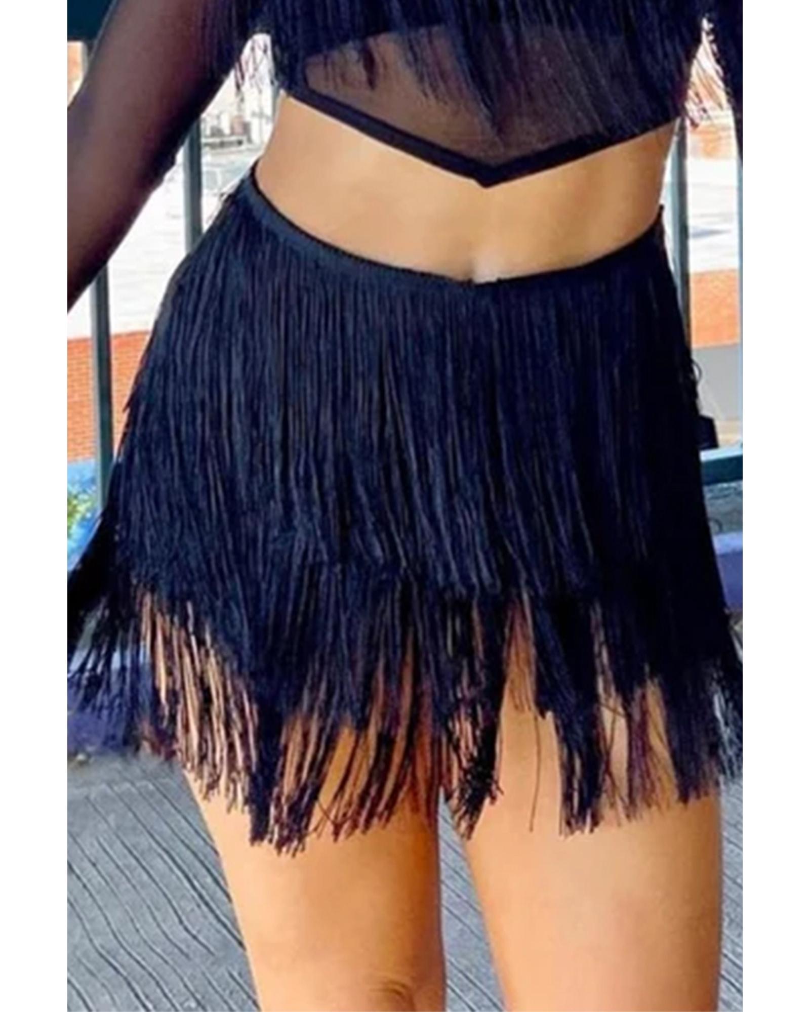 V539-AZEXDC7211022-P2-L-202508300725-00 Black Tiered Fringe Trimmed Mini Skirt - L - Image 1