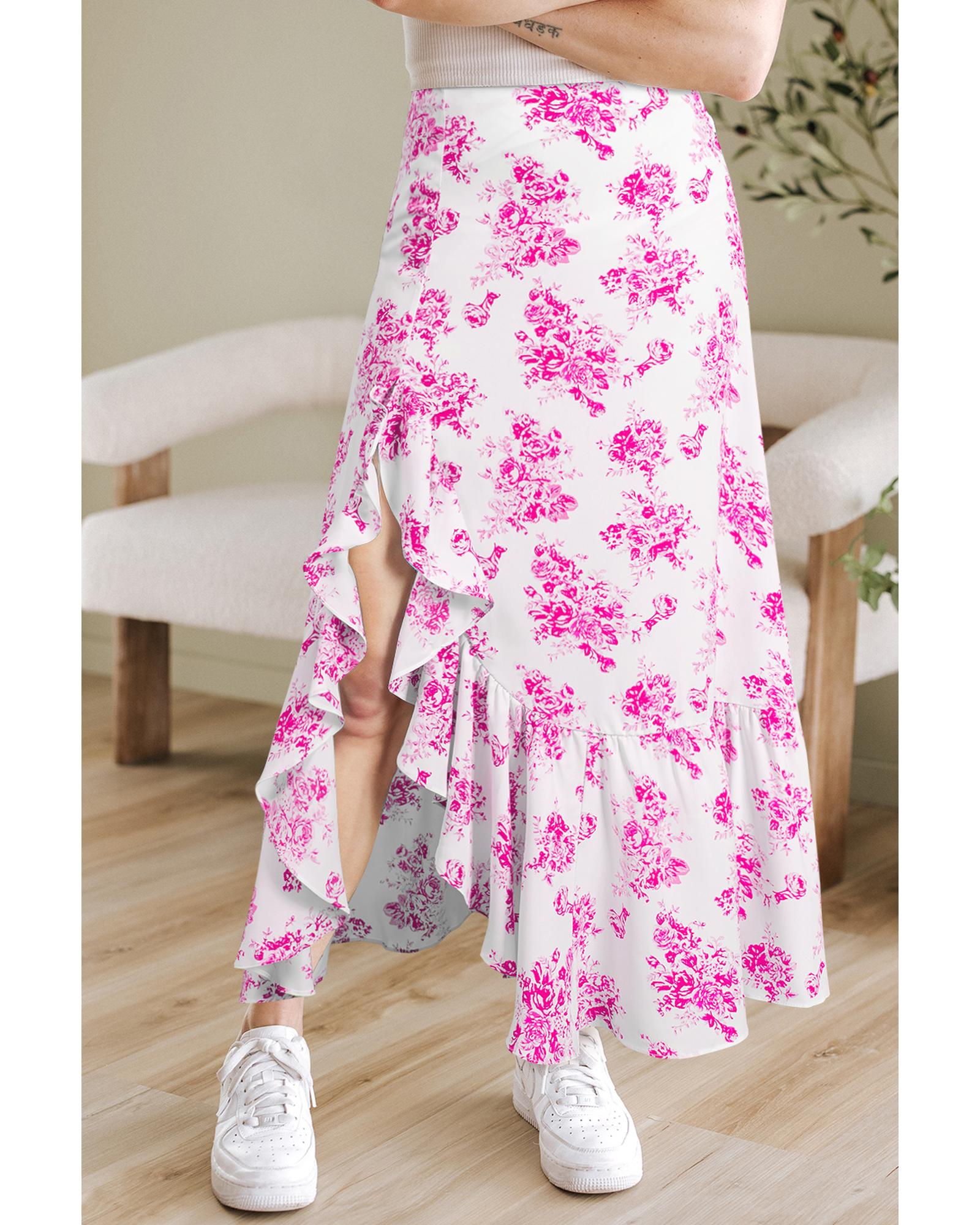 V539-AZEXDC7211040-P620-XL-202508300710-00 Rose Boho Floral High Waist Ruffle Split Maxi Skirt - XL - Image 1