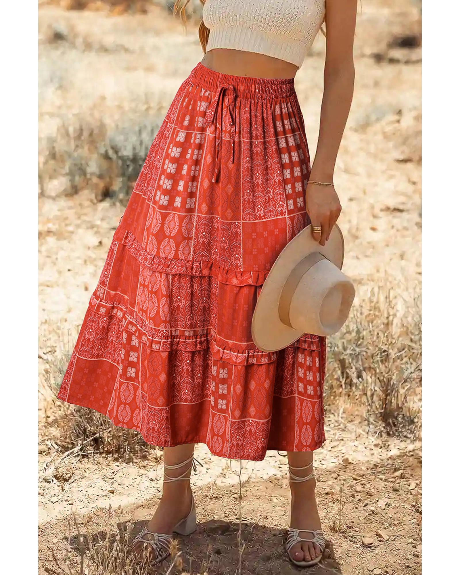 V539-AZEXDC721518-3-L-202508282110-00 Red Bohemian Mix Print Long Flared Skirt - L - Image 1