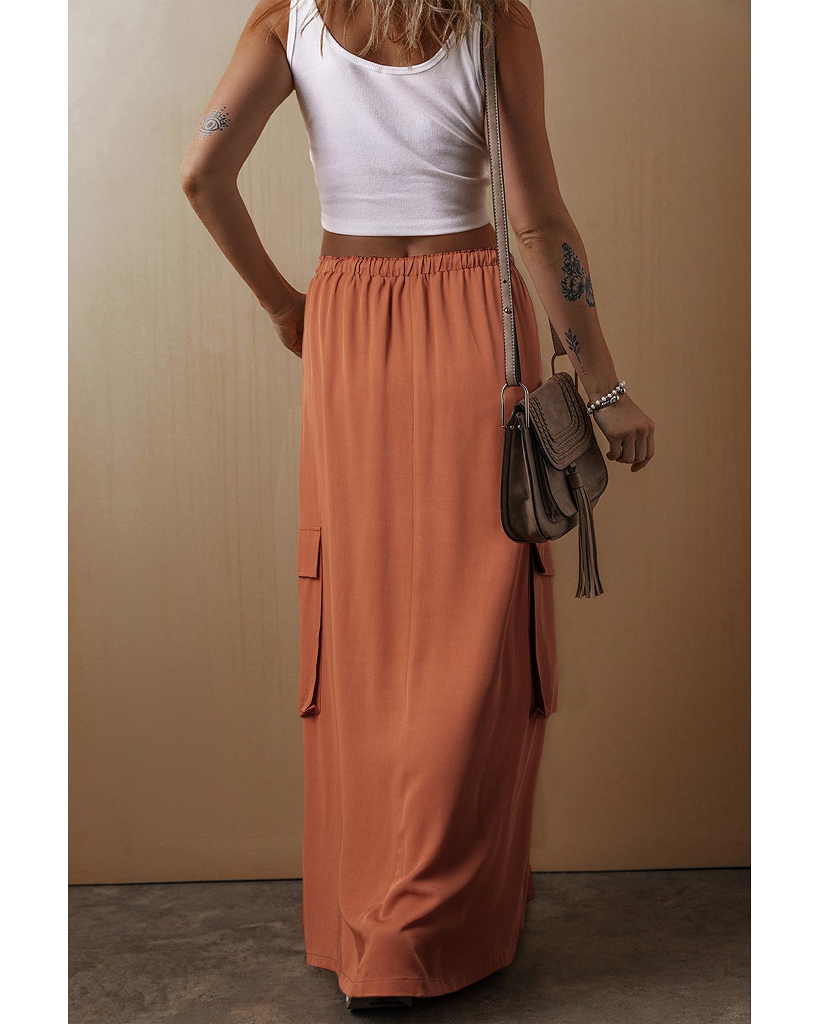 V539-AZEXDC721811-P2017-M-202508282250-00 Chestnut Mineral Wash Cargo Pocket Drawstring Waist Maxi Skirt - M - Image 1