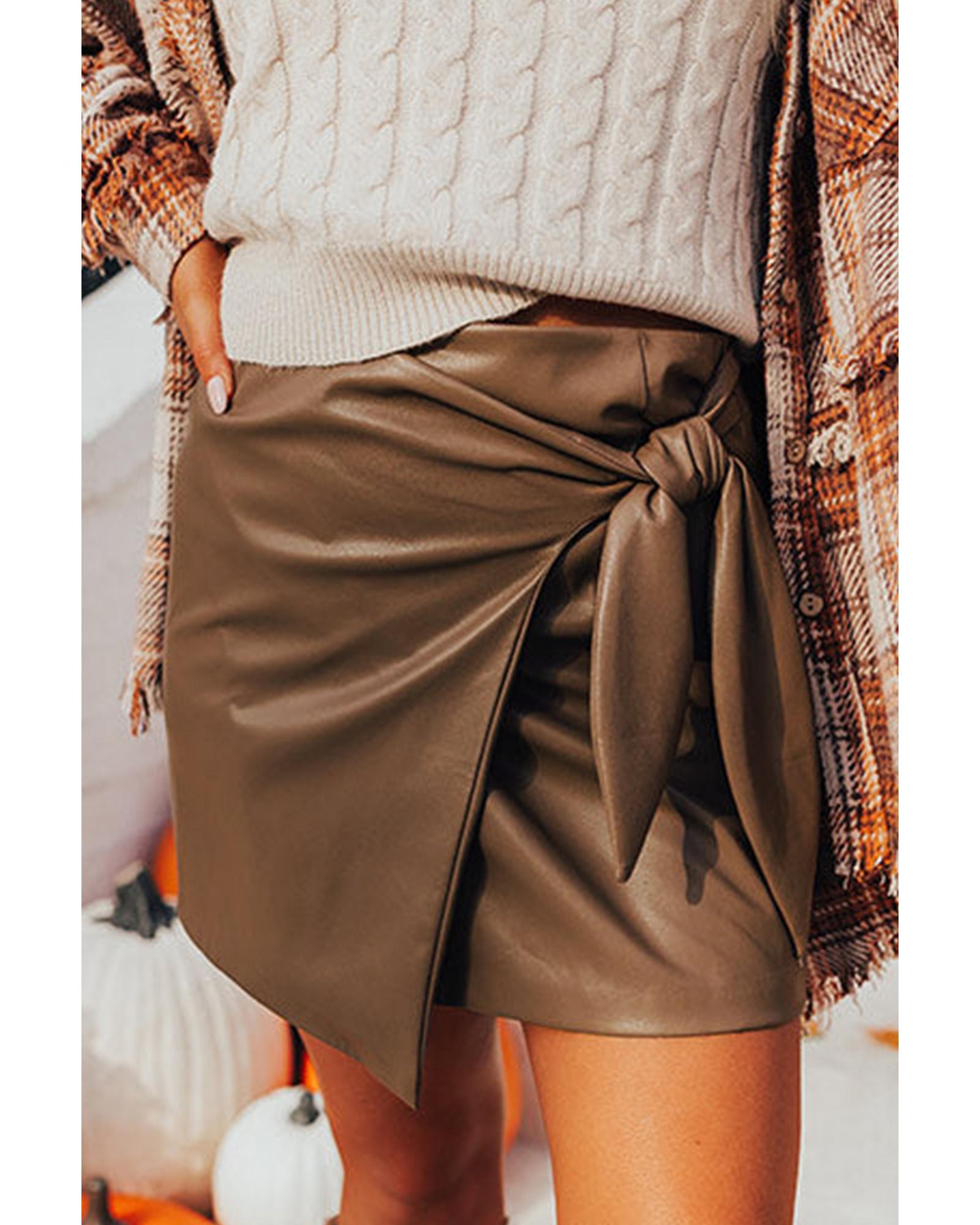 V539-AZEXDC721843-P1017-L-202508292040-00 Coffee Bowknot Faux Leather Mini Skirt - L - Image 1