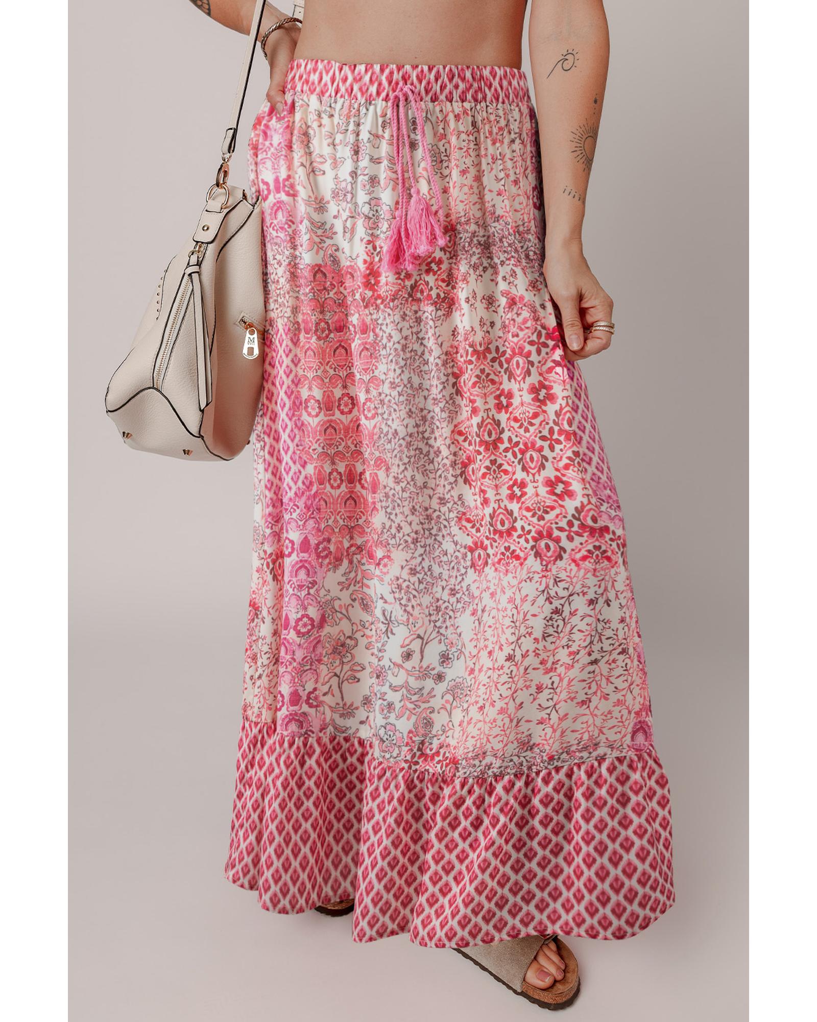 V539-AZEXDC721953-P10320-XL-202508292000-00 Red Boho Pattern Print Tassel Drawstring High Waist Maxi Dress - XL - Image 1