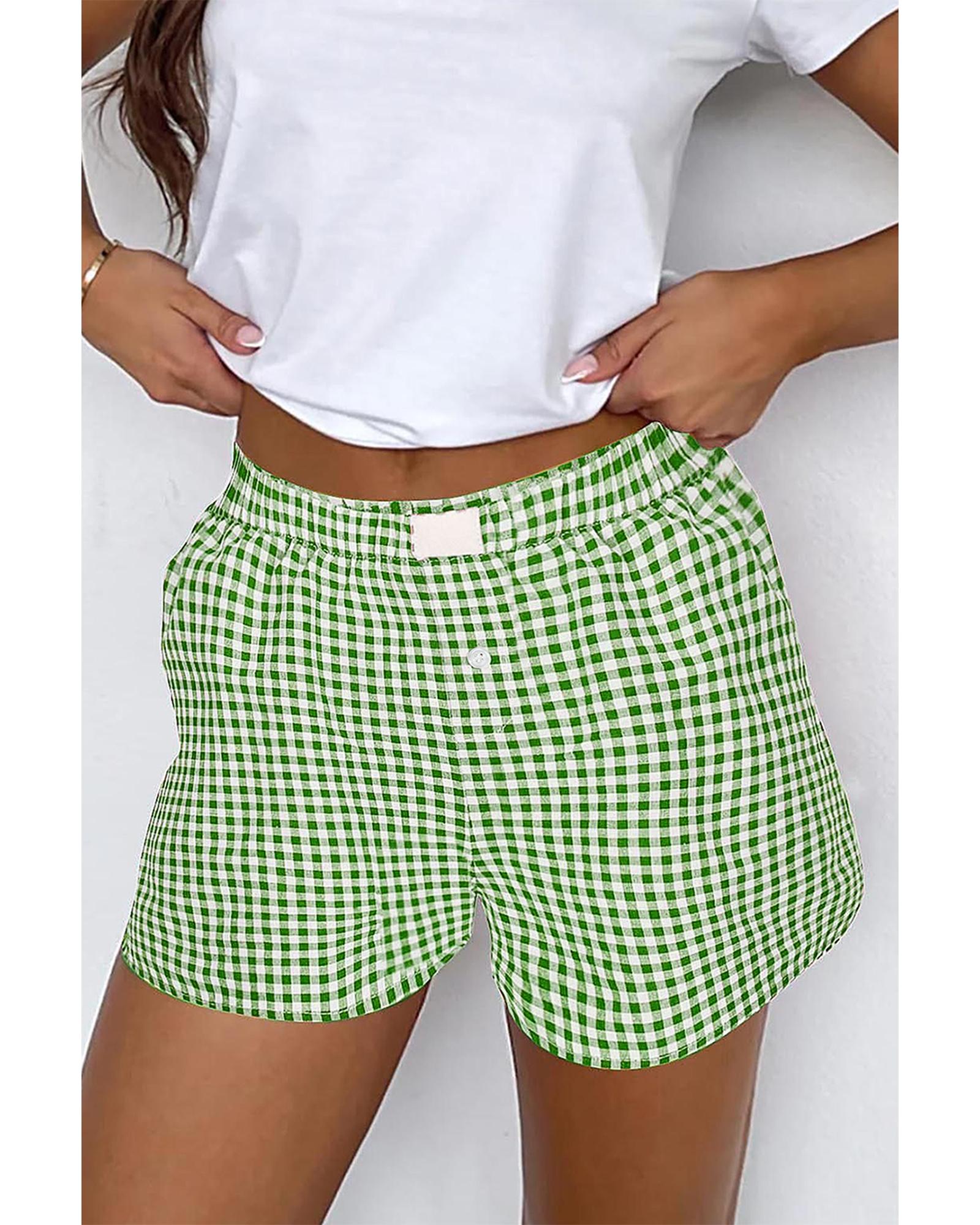 V539-AZEXDC731780-P2109-M-202508280720-00 Fern Green Red Plaid Gingham Printed High Waist Shorts - M - Image 1