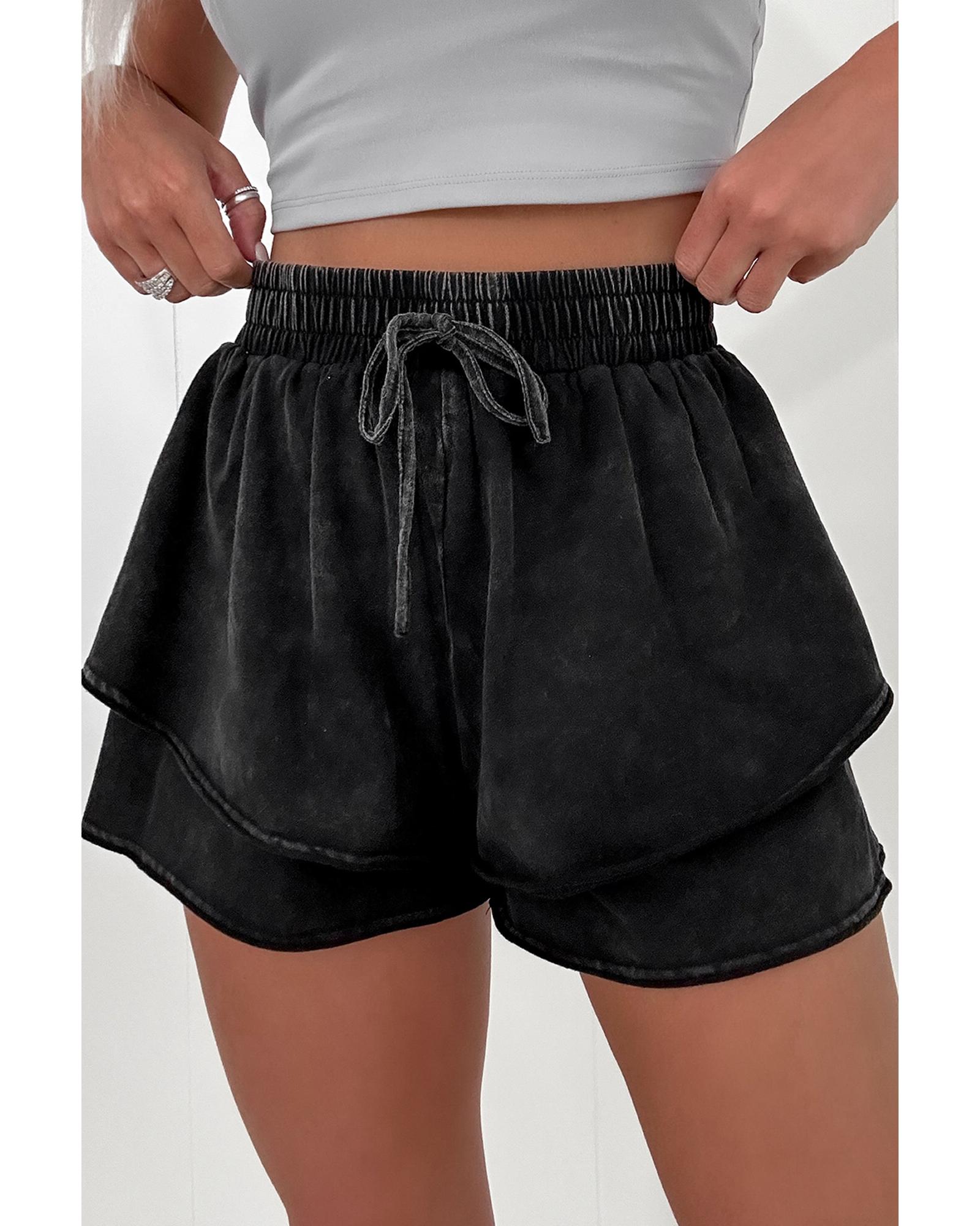V539-AZEXDC731819-P2-S-202506150617-00 Black Mineral Wash French Terry High Waist Casual Shorts - S - Image 1