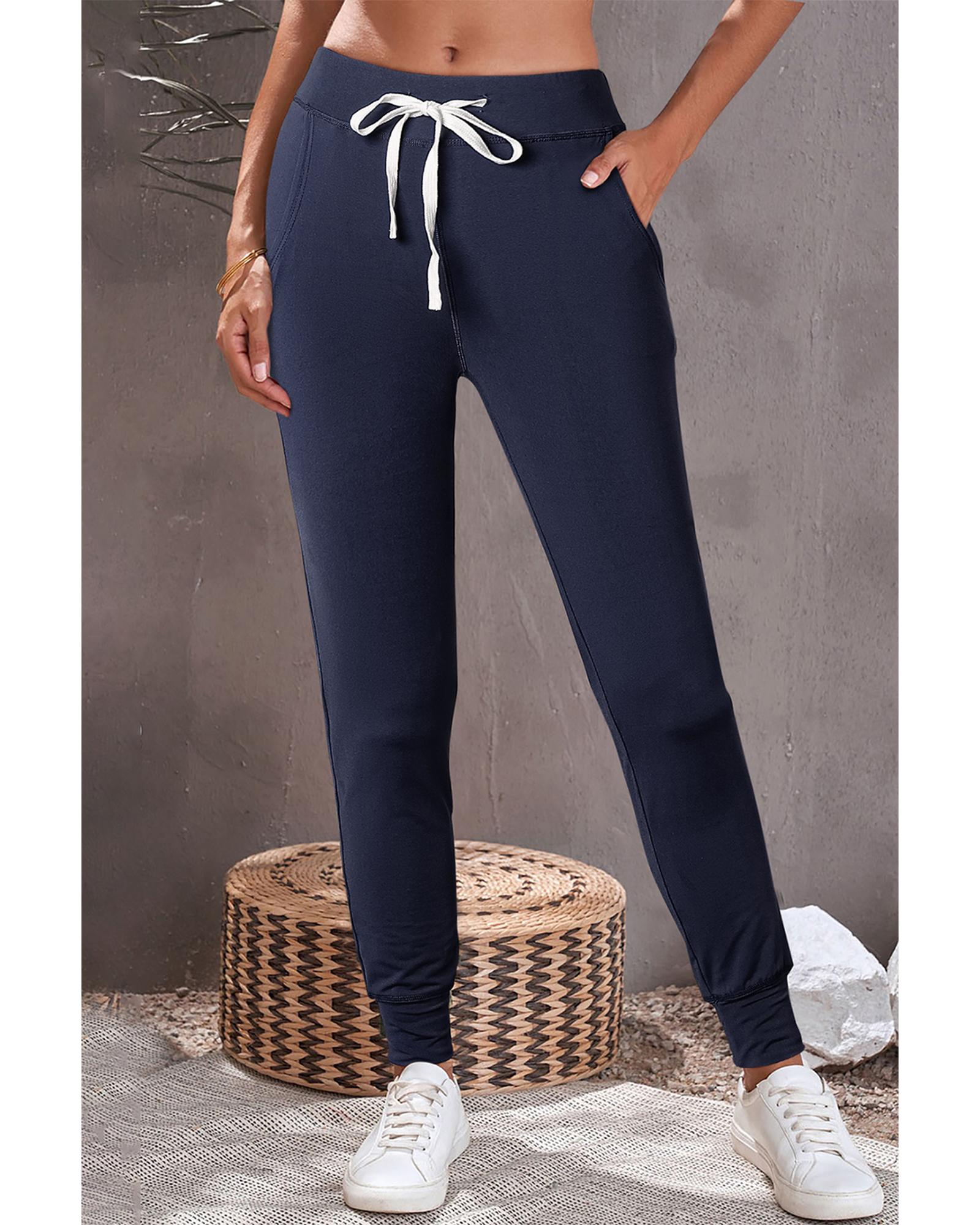 V539-AZEXDC7711553-P605-S-202506150831-00 Navy Blue Drawstring Waist Pocketed Joggers - S - Image 1