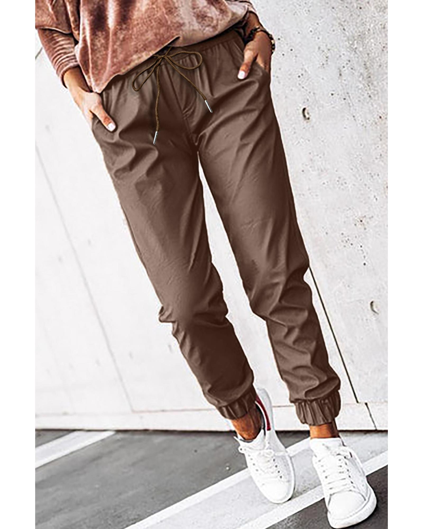V539-AZEXDC7712212-17-L-202506150851-00 Brown Leather Tie Waist Jogger Pants - L - Image 1