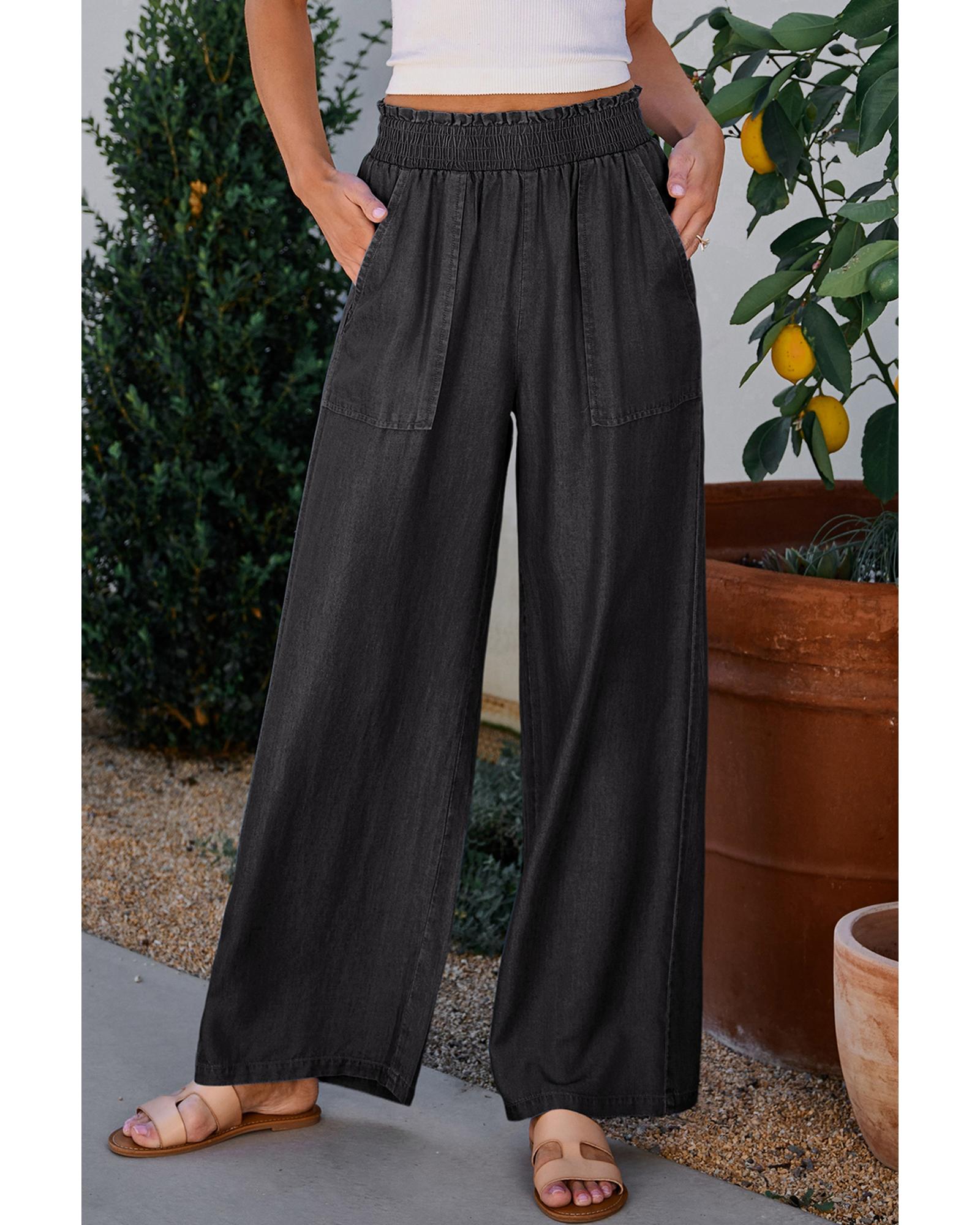 V539-AZEXDC7712517-P2-L-202508281115-00 Black Side Pockets Frilled Smocked High Waist Wide Leg Jeans - L - Image 1