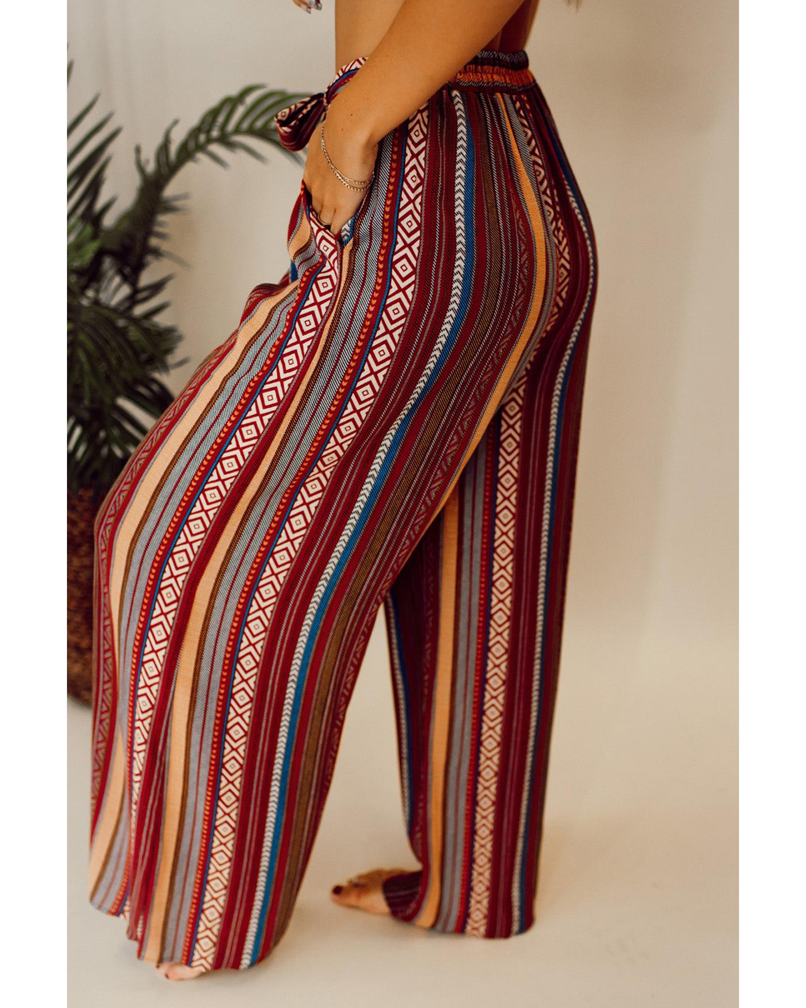 V539-AZEXDC7712570-P320-M-202508291535-00 Red Boho Ethnic Striped Print Tie Waist Wide Leg Pants - M - Image 1