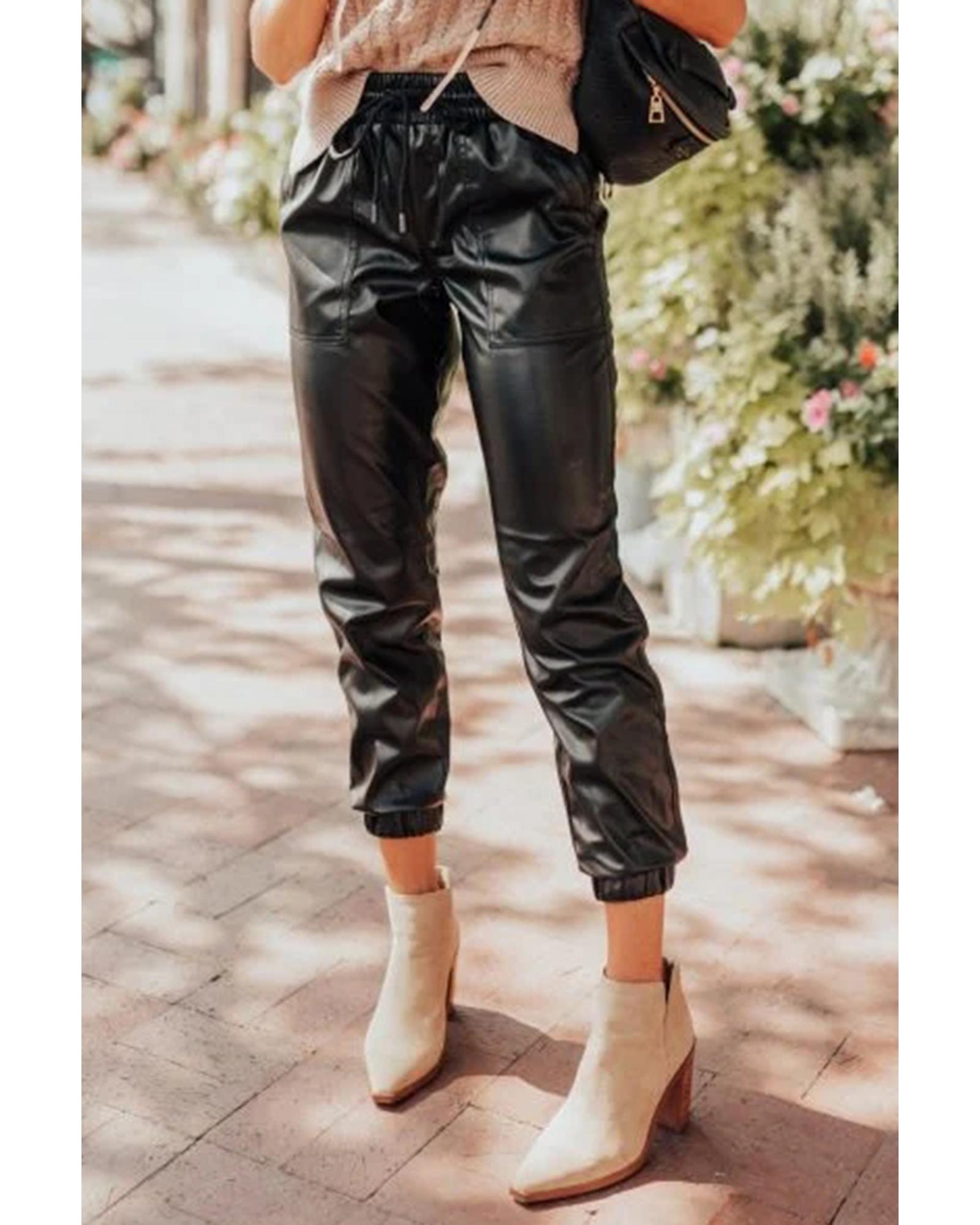 V539-AZEXDC7712894-P2-L-202508281135-00 Black Faux Leather Ankle Smocked Waist Drawstring Joggers - L - Image 1