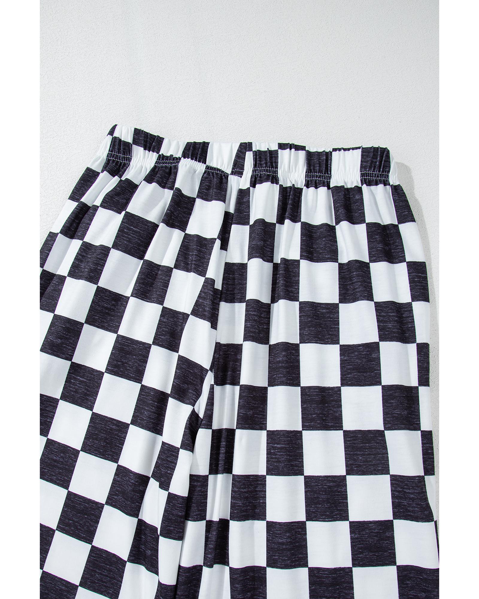 V539-AZEXDC7712900-P2-L-202508281740-00 Black 2-Tone Checked Print High Waist Wide Leg Pants - L - Image 1