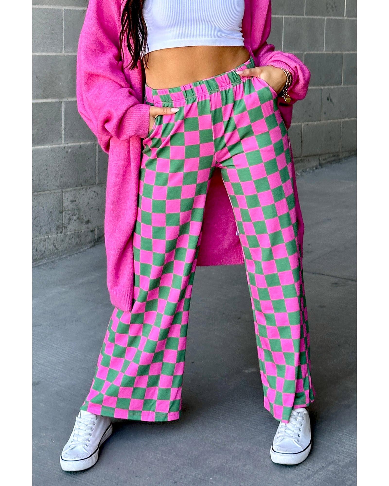 V539-AZEXDC7712900-P922-XL-202508301705-00 Green 2-Tone Checked Print High Waist Wide Leg Pants - XL - Image 1