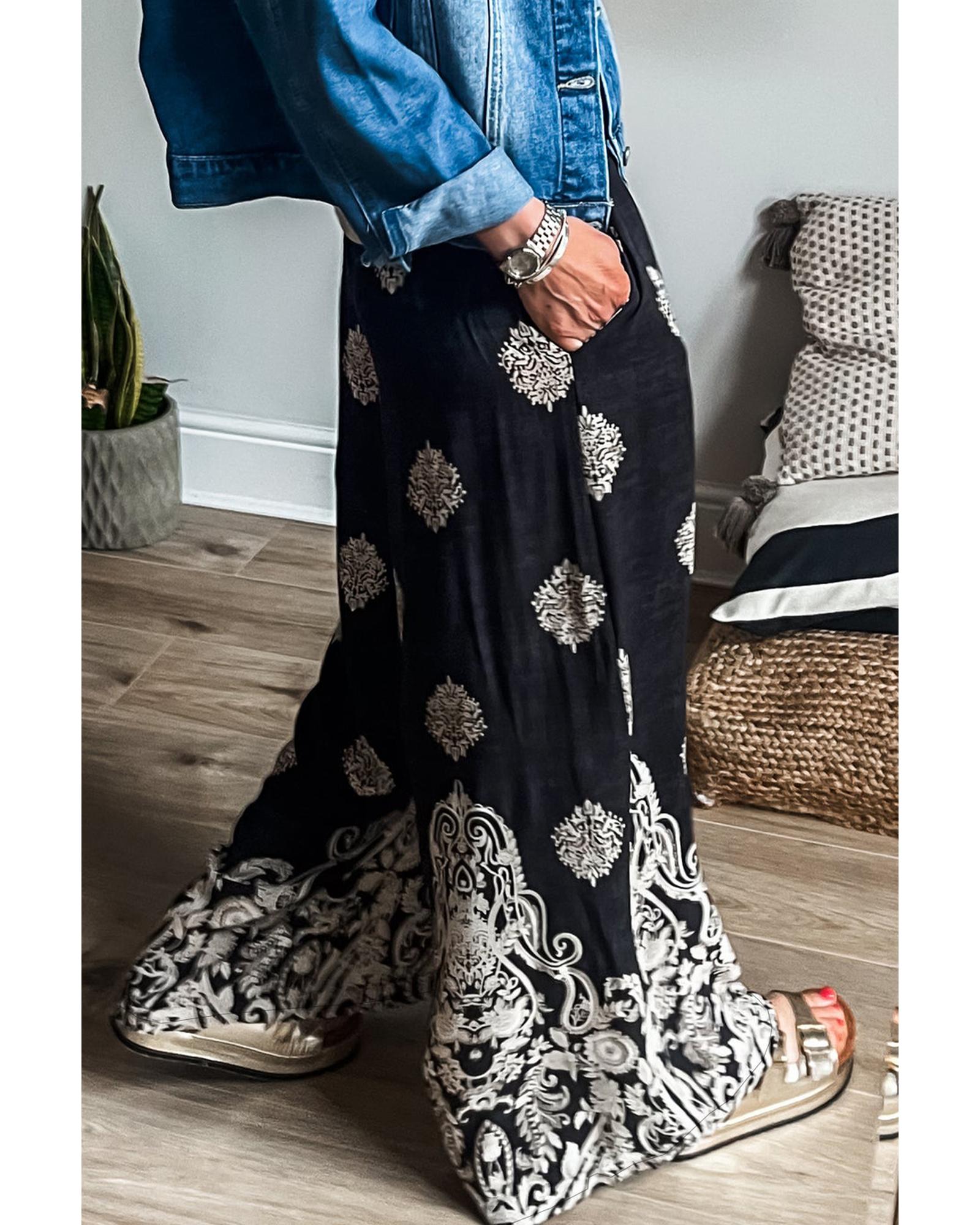 V539-AZEXDC7712907-P220-S-202506151006-00 Black Bohemian Printed Drawstring Waist Wide Leg Pants - S - Image 1