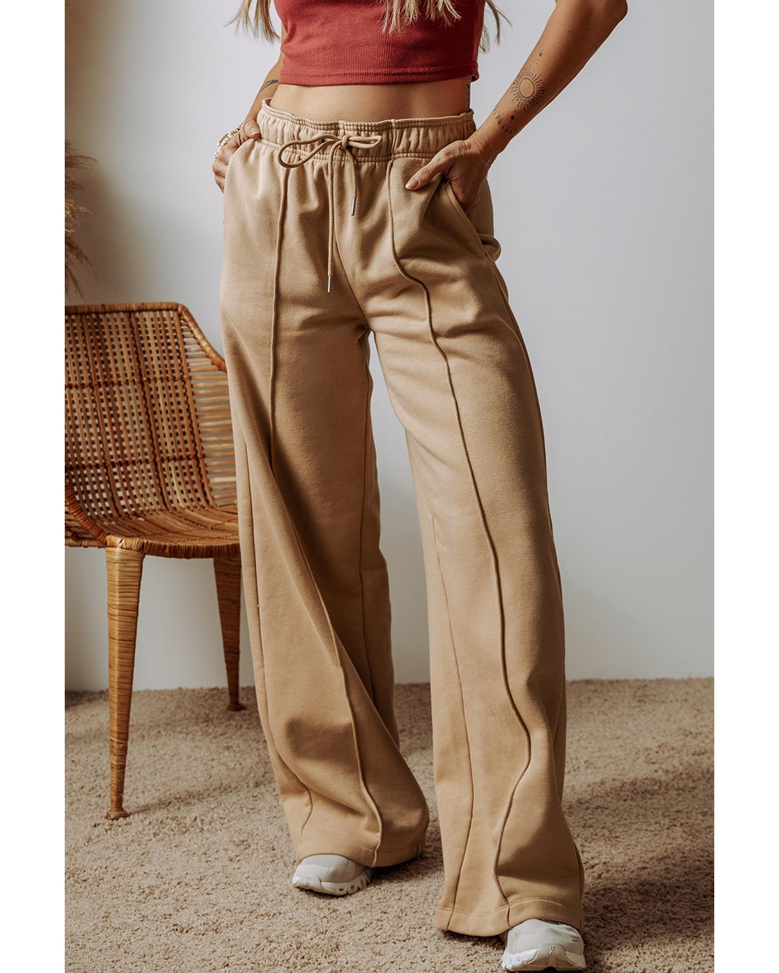V539-AZEXDC7713020-P7016-S-202506151011-00 Smoke Gray Exposed Seam Drawstring High Waist Wide Leg Pants - S - Image 1