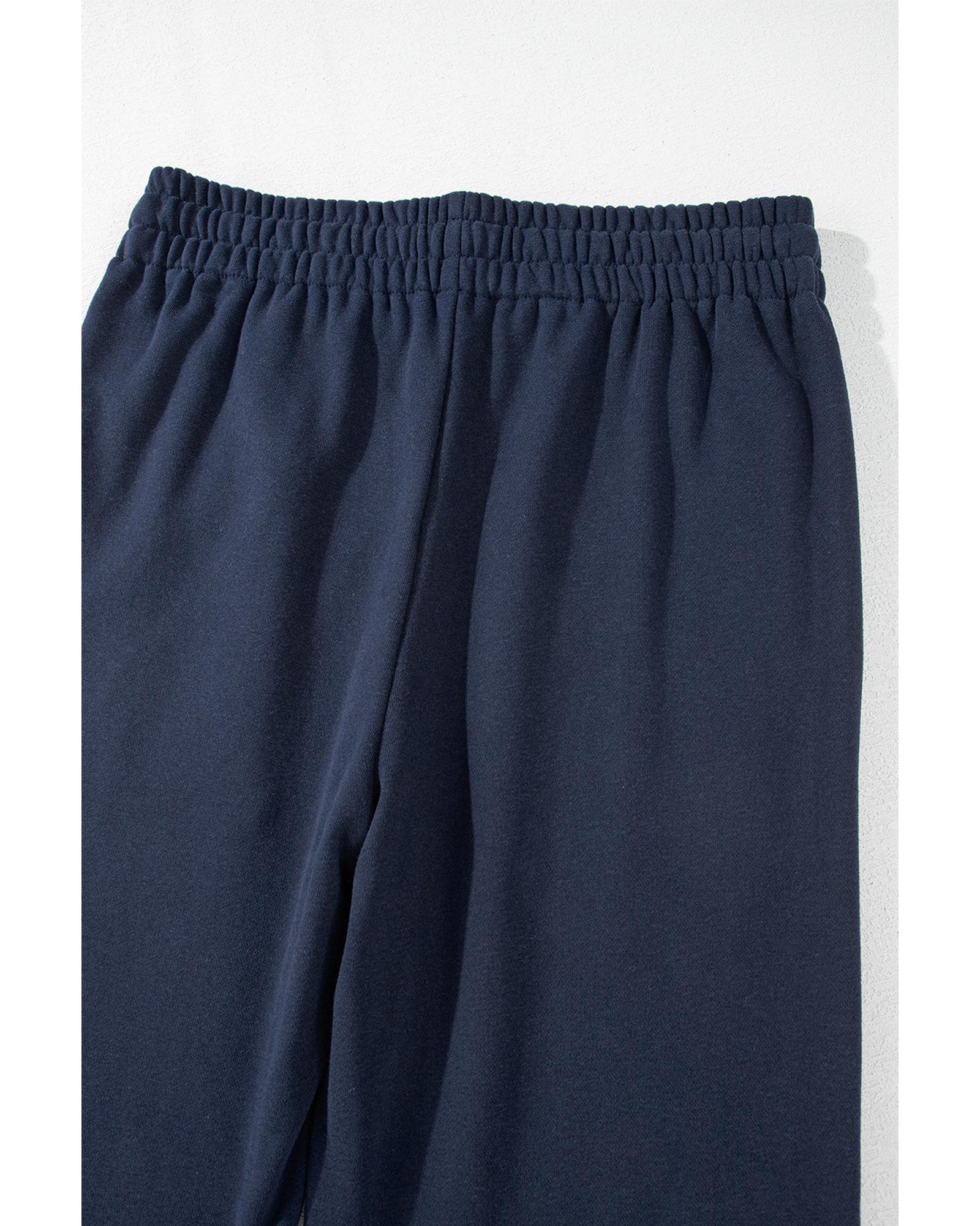 V539-AZEXDC7713058-P605-M-202508301305-00 Navy Blue Solid Color Fleece Lined Drawstring Waist Casual Pants - M - Image 1