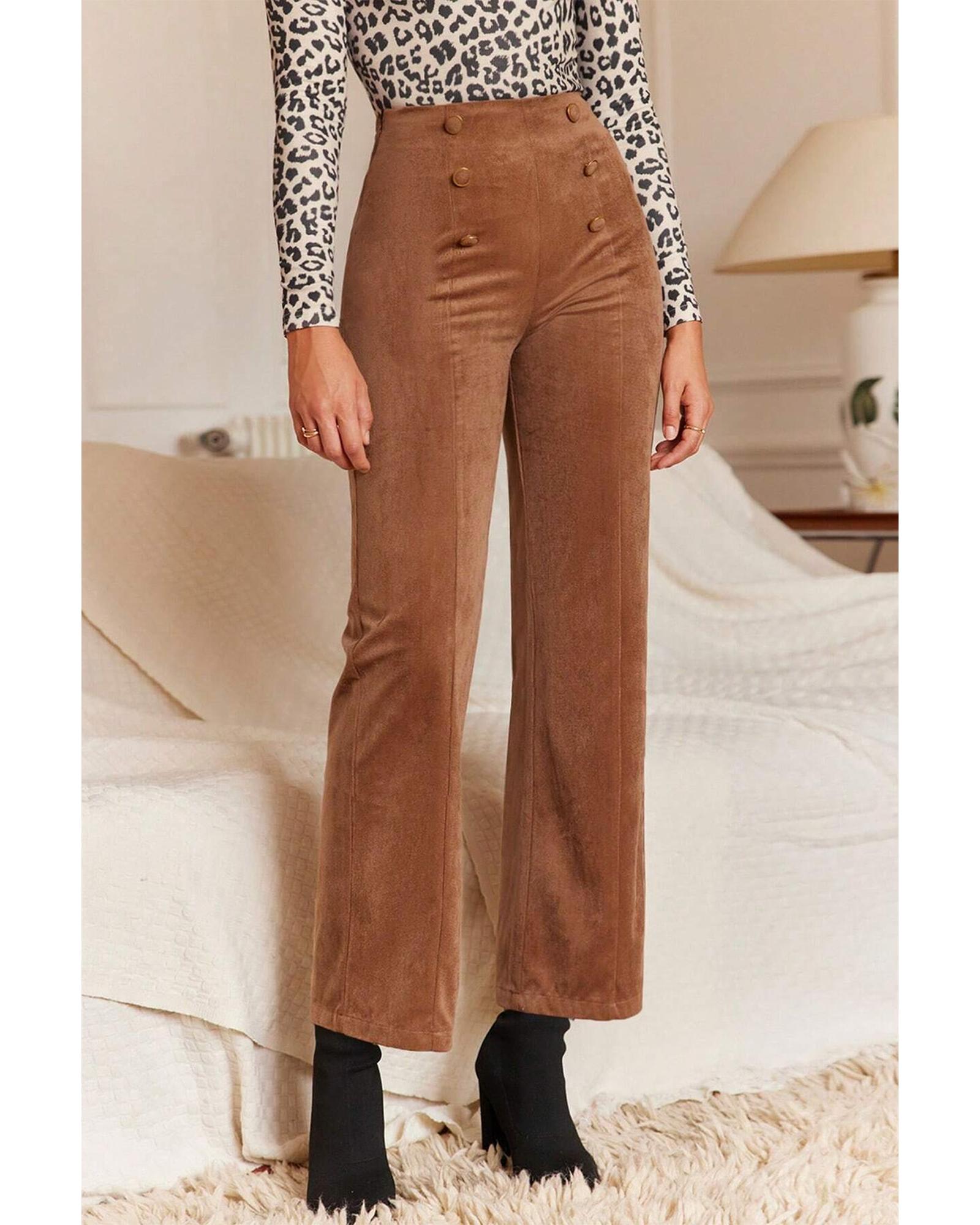 V539-AZEXDC7713116-P2017-M-202508310020-00 Chestnut Solid Color Double Breasted Straight Leg Pants - M - Image 1