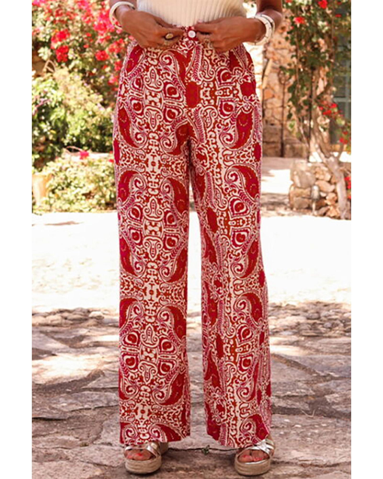 V539-AZEXDC7713182-P10320-M-202508310155-00 Red Paisley Printed Buttoned High Waist Straight Leg Pants - M - Image 1