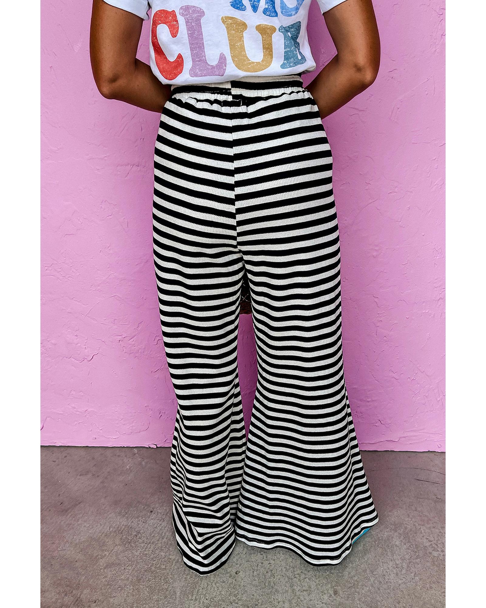 V539-AZEXDC7713238-P219-L-202508301120-00 Black Stripe Lace-up Waist Casual Flared Pants - L - Image 1