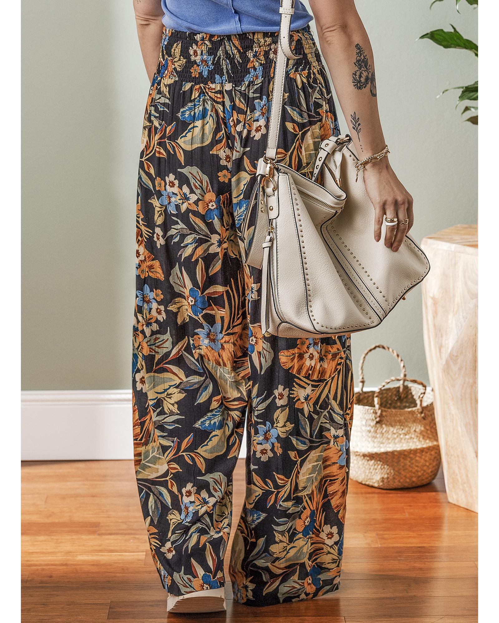 V539-AZEXDC7713371-P22-XL-202508310015-00 Multicolour Floral Shirred High Waist Wide Leg Pants with Tie - XL - Image 1
