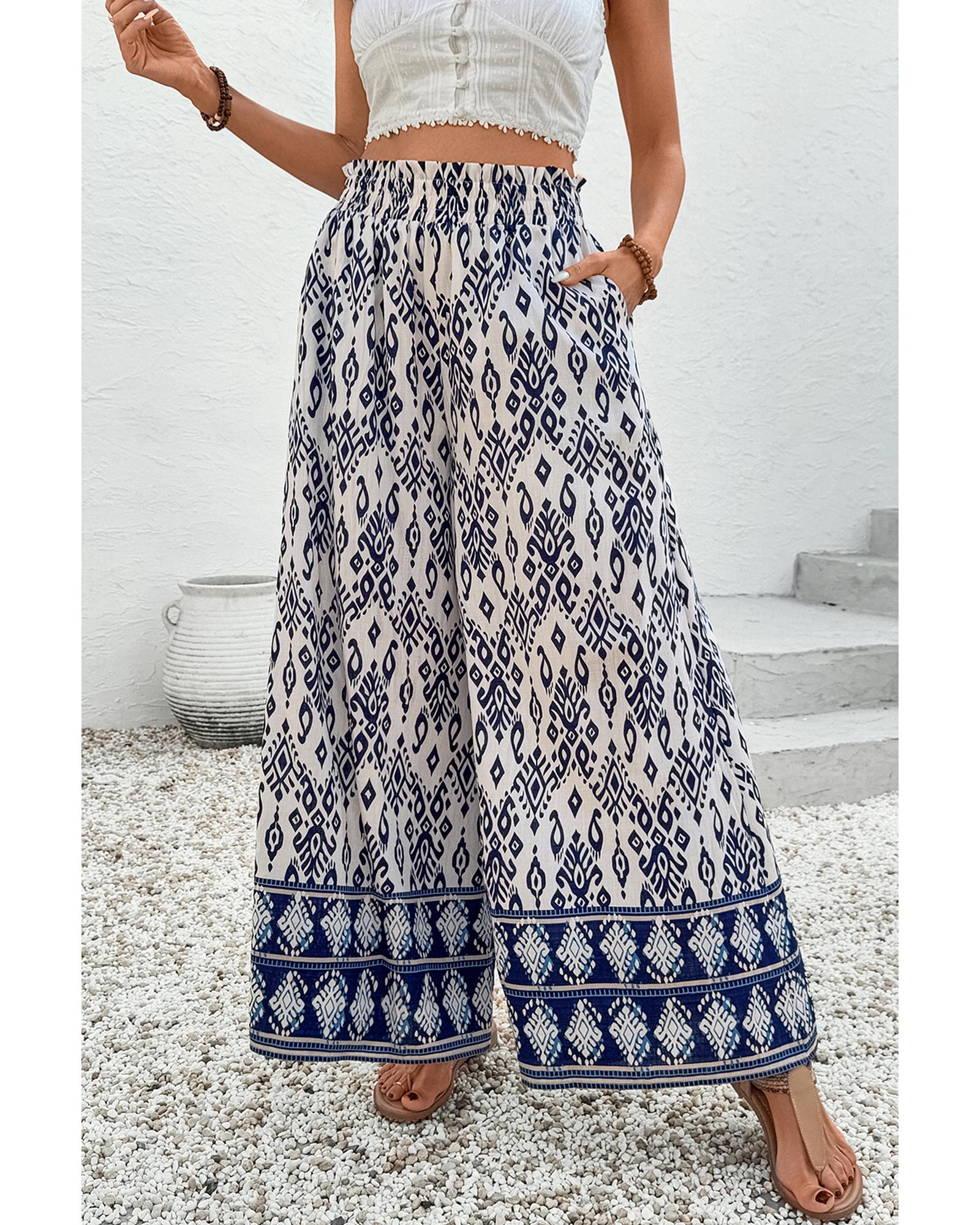 V539-AZEXDC7713386-P520-M-202508280115-00 Blue Boho Pattern Print High Waist Wide Leg Loose Pants - M - Image 1
