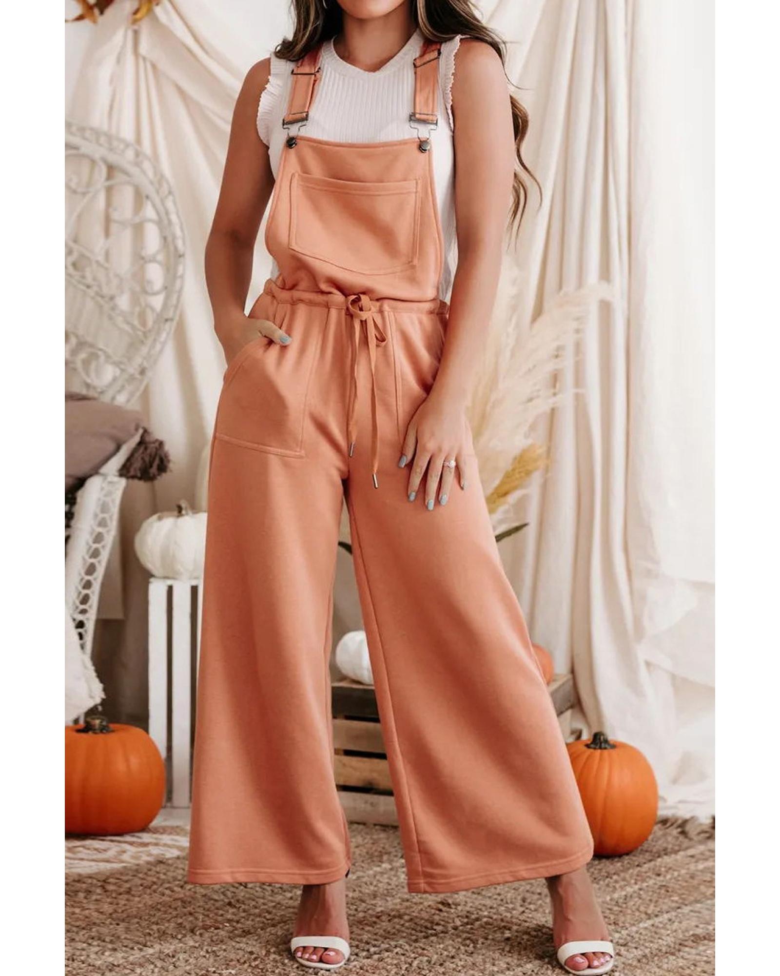 V539-AZEXDC7721022-14-L-202508300335-00 Orange Pocketed Drawstring Wide Leg Overalls - L - Image 1
