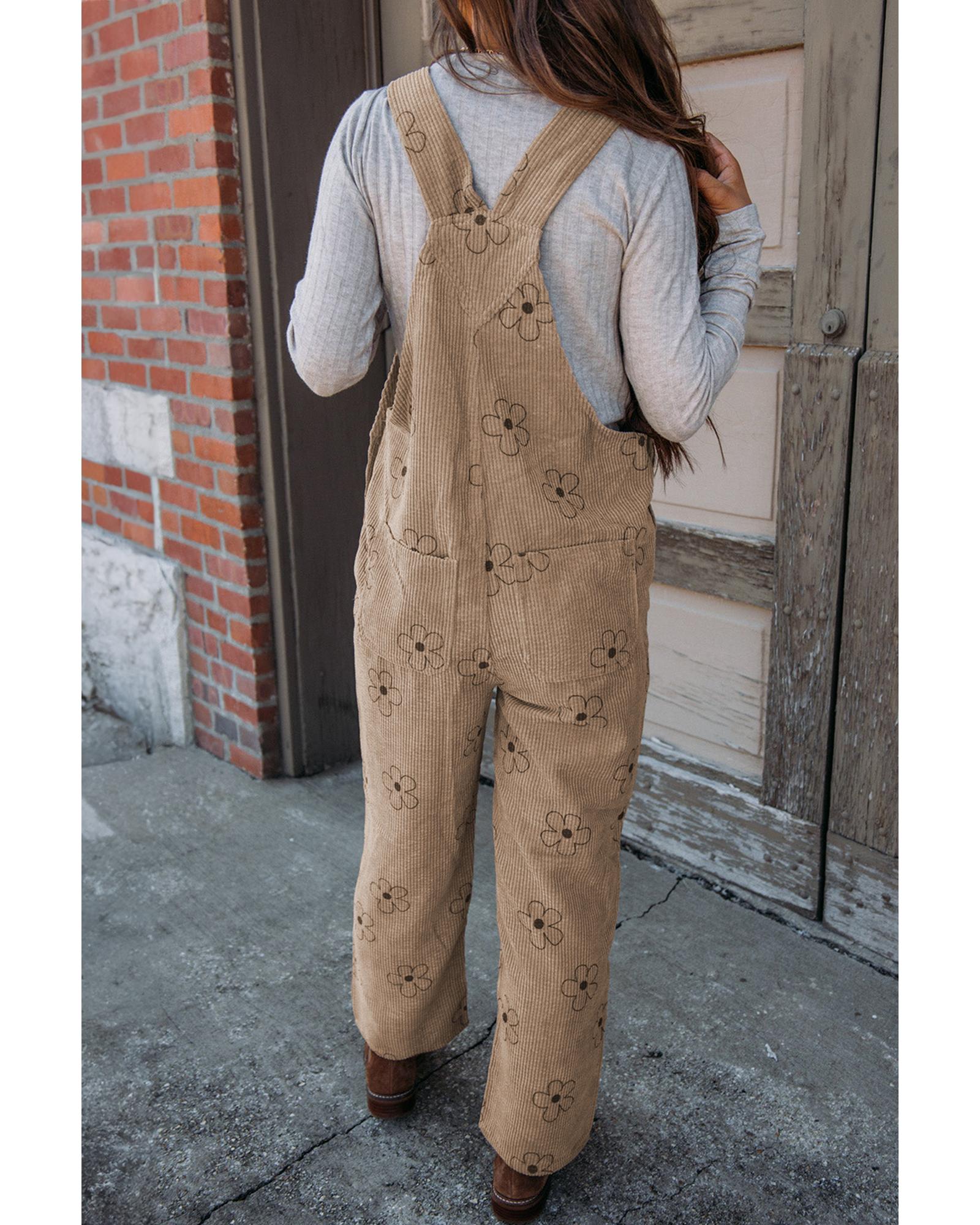 V539-AZEXDC7721076-P1620-XL-202508291755-00 Khaki Flower Print Corduroy Overalls - XL - Image 1