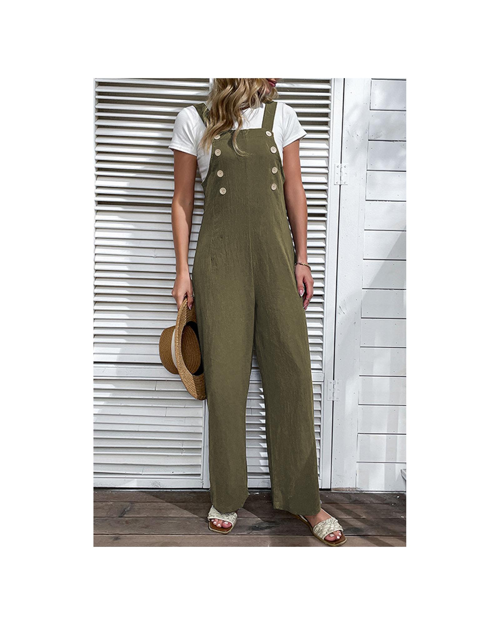 V539-AZEXDC7721094-P609-L-202508292330-00 Jungle Green Solid Color Buttoned Straight Leg Overall - L - Image 1