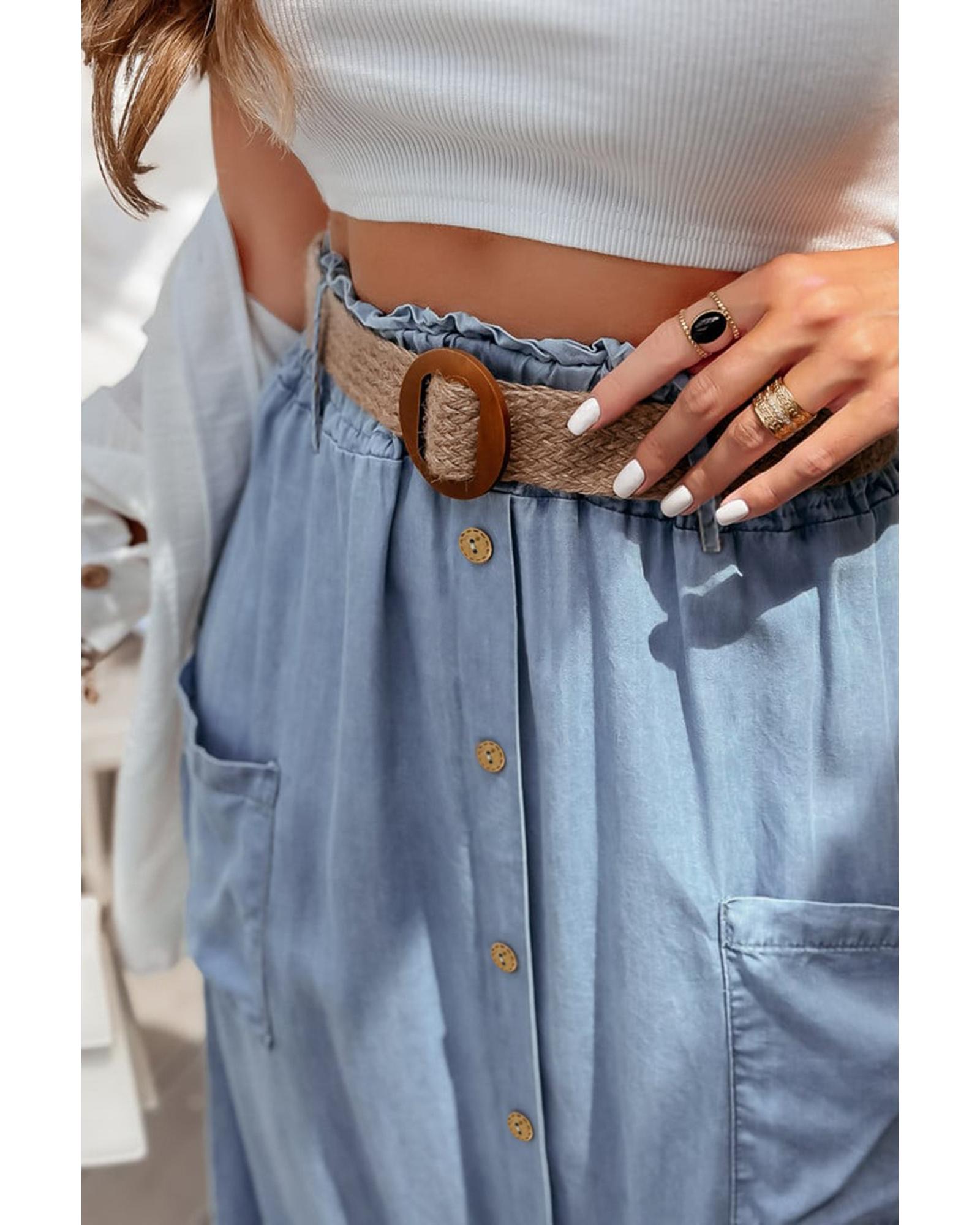 V539-AZEXDC7811141-P804-L-202506150911-00 Beau Blue Buttoned Front High Waist Side Pockets Denim Maxi Skirt - L - Image 1