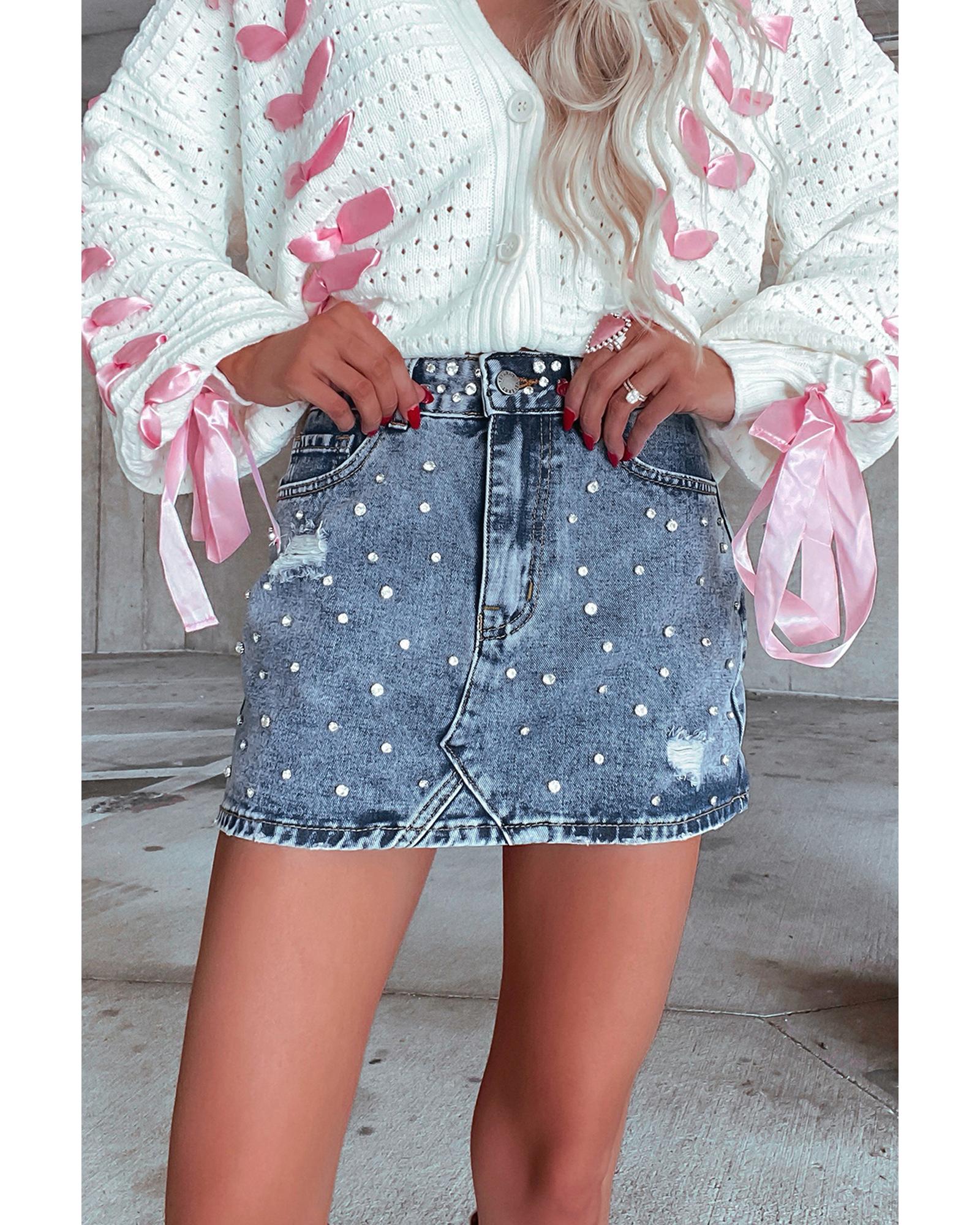 V539-AZEXDC7811150-P704-M-202508280815-00 Dusk Blue Rhinestone Distressed Denim High Waist Mini Skirt - M - Image 1