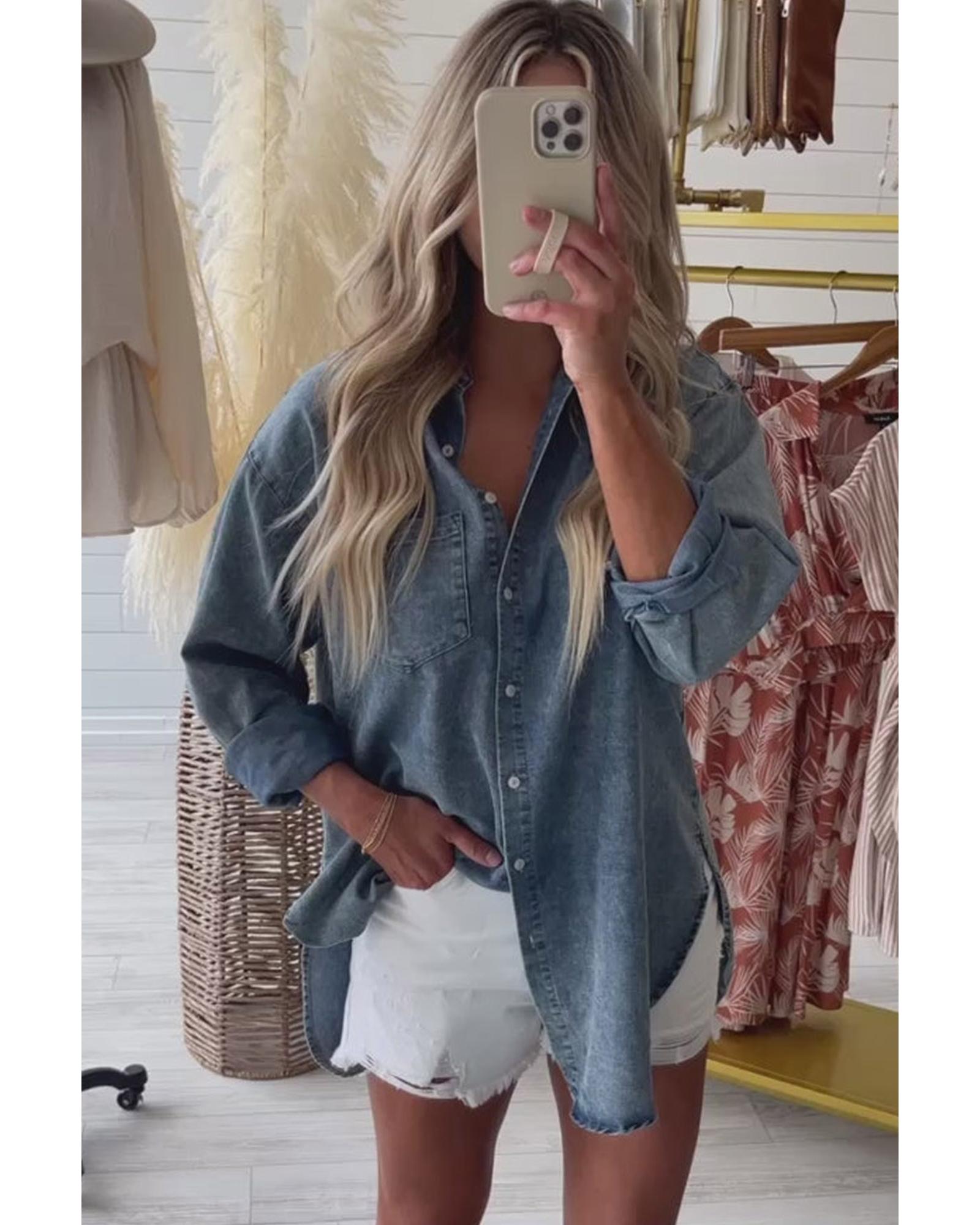 V539-AZEXDC7821096-4-XL-202508282240-00 Sky Blue Vintage Washed Chest Pocket Denim Shirt - XL - Image 1