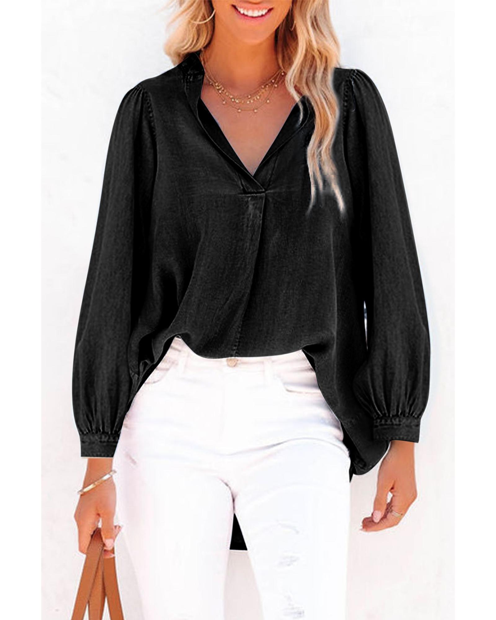 V539-AZEXDC7821107-P2-S-202506150940-00 Black Split V-Neck Balloon Sleeve Ruched Denim Top - S - Image 1