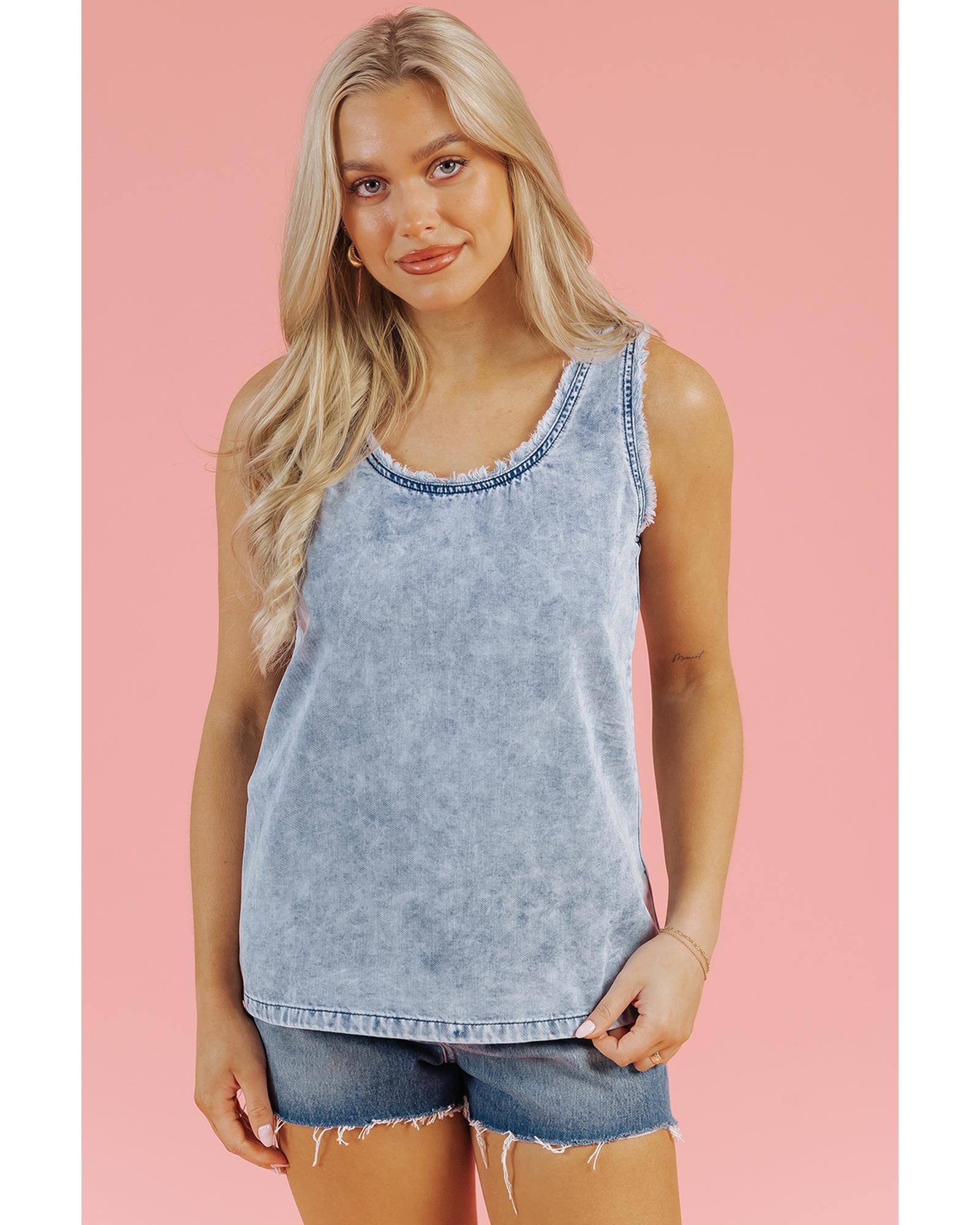 V539-AZEXDC7821172-P804-S-202506151006-00 Beau Blue Mineral Wash Denim Frayed U Neck Sleeveless Top - S - Image 1