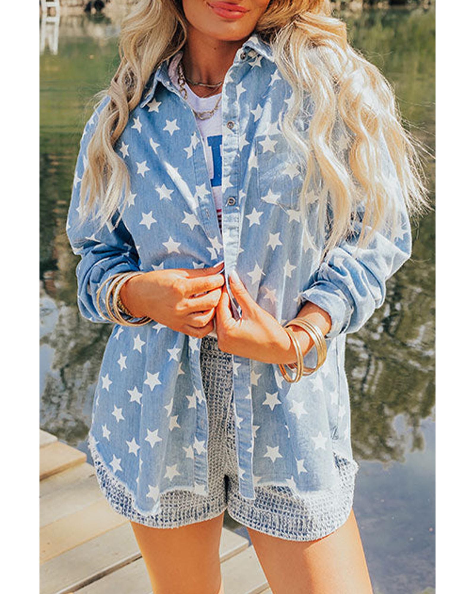 V539-AZEXDC7821216-P420-L-202508300825-00 Sky Blue Star Print Light Wash Raw Hem Denim Jacket - L - Image 1