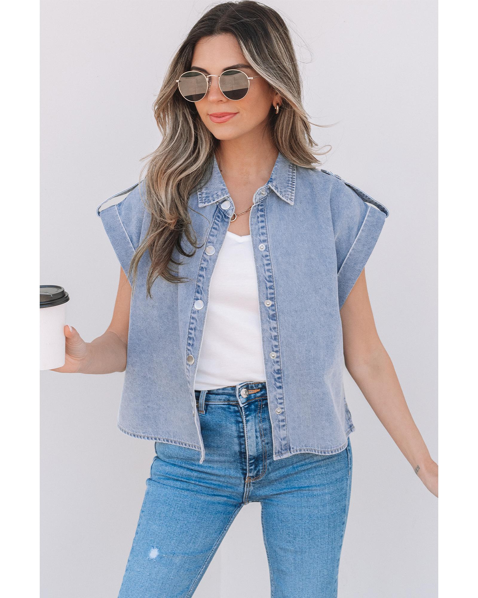 V539-AZEXDC7821230-P704-XL-202508302335-00 Dusk Blue Denim Pinup Folded Cap Sleeve Shirt - XL - Image 1