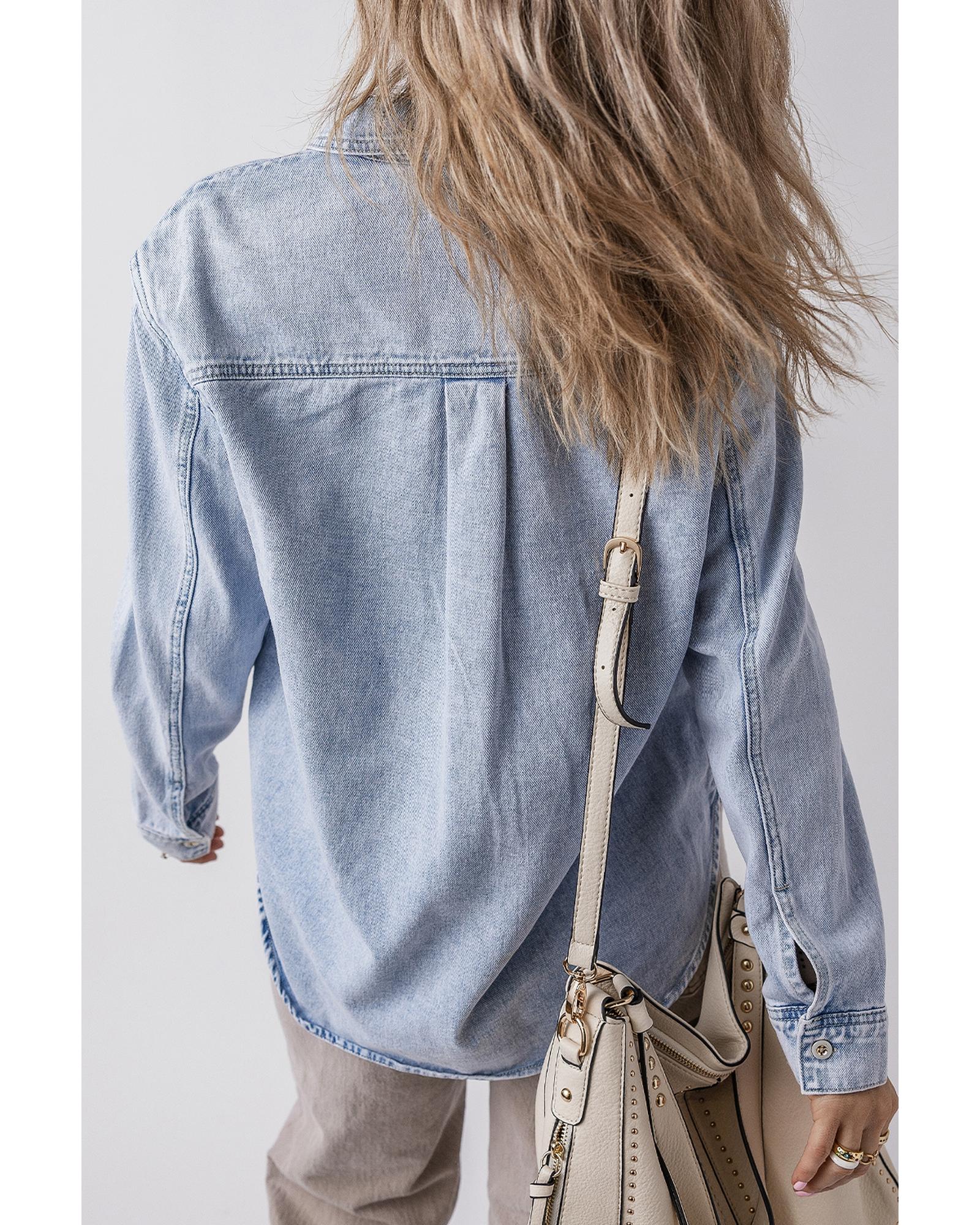 V539-AZEXDC7821269-P804-XL-202508301140-00 Beau Blue Long Sleeve Buttoned Chest Pocket Denim Shacket - XL - Image 1