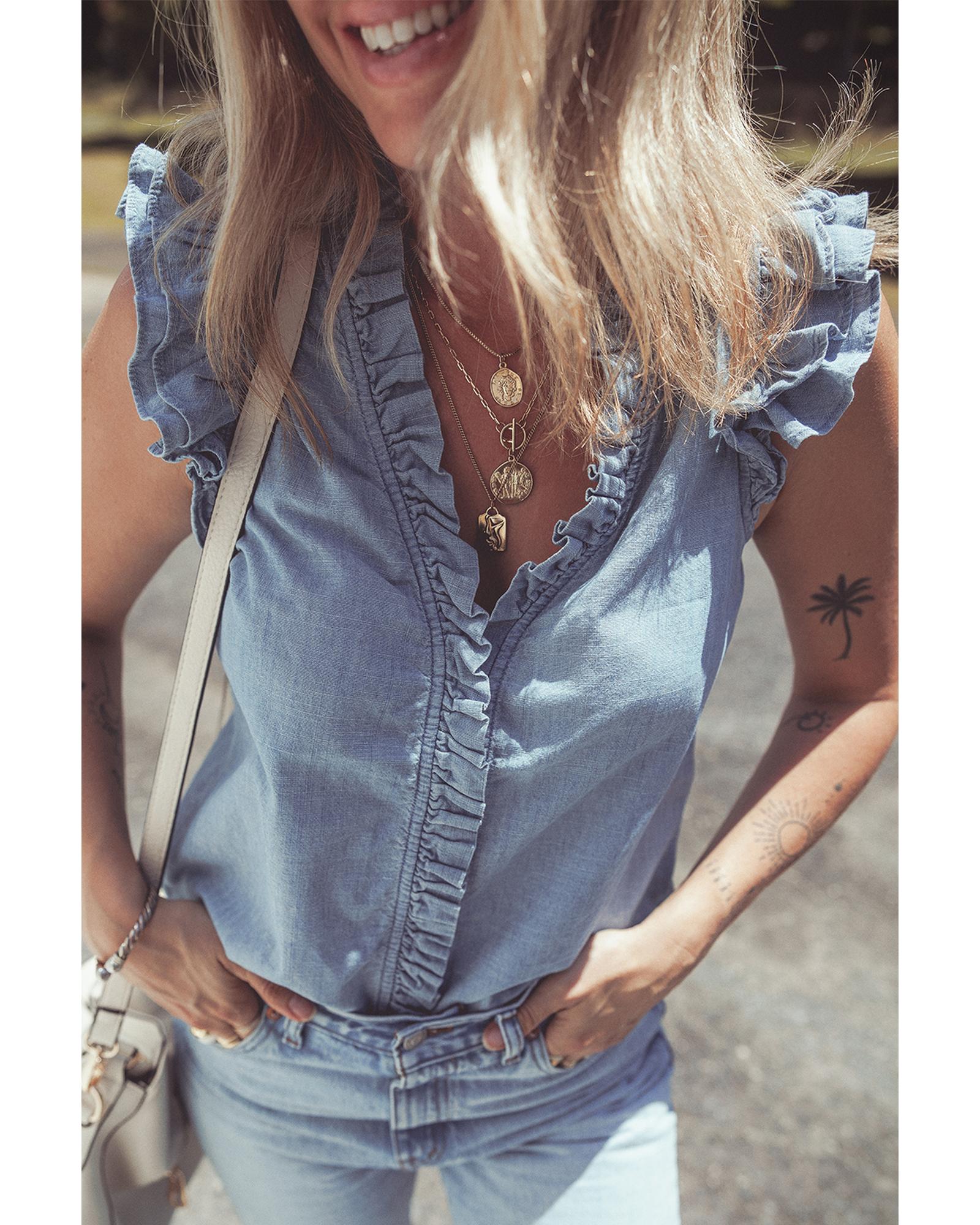 V539-AZEXDC7821351-P804-S-202508310025-00 Beau Blue Frilly Ruffle Trim V Neck Chambray Tank Top - S - Image 1