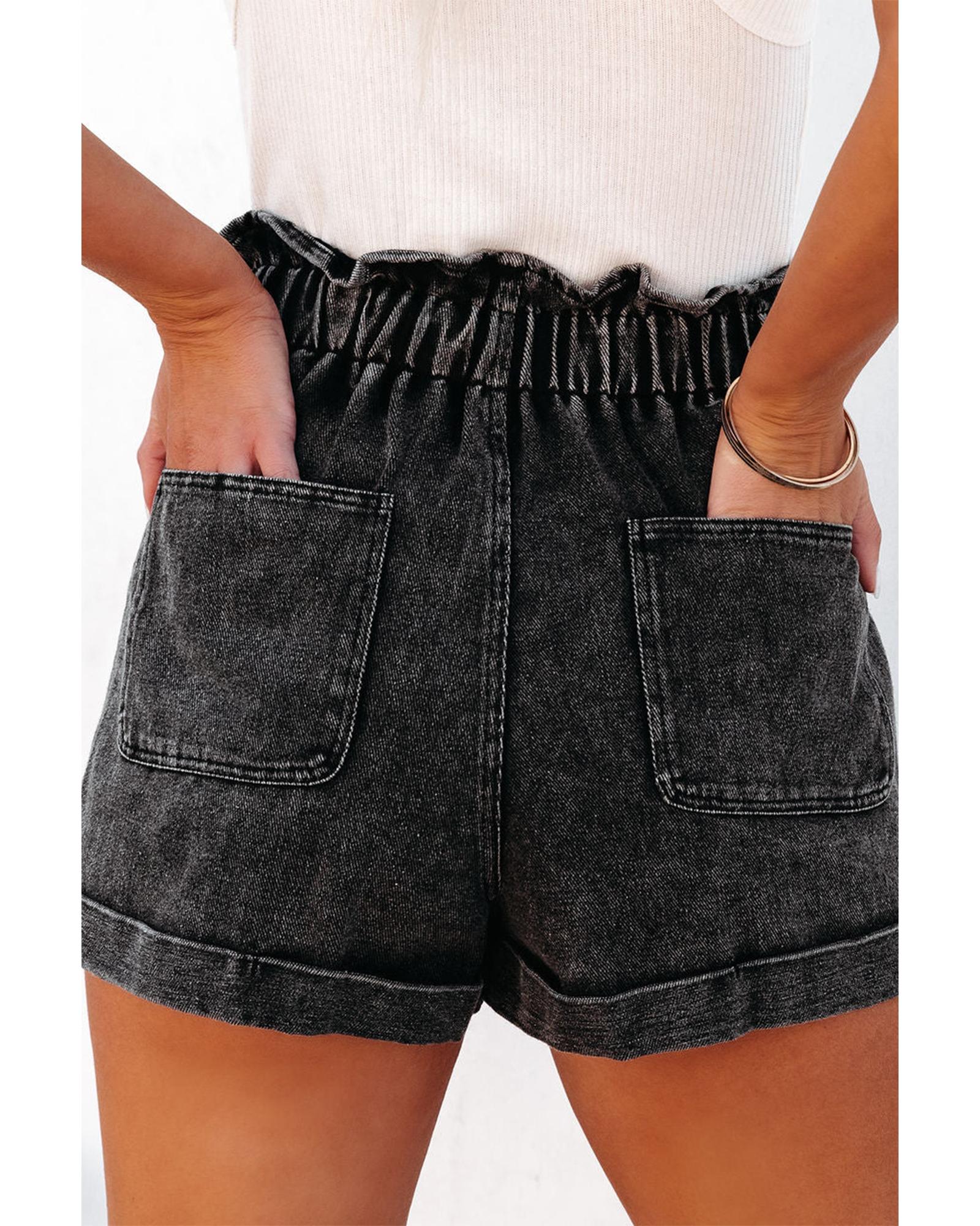 V539-AZEXDC7831584-P2-16-202508301615-00 Black Vintage Washed Frilled High Waist Denim Shorts - 16 US - Image 1